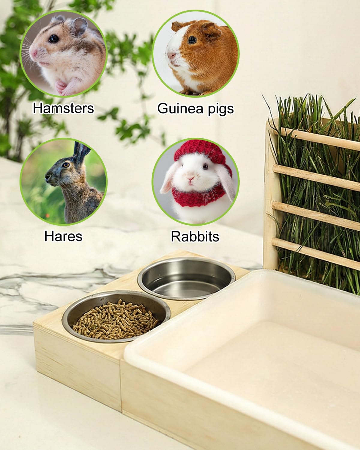 Kaninchen Heu Feeder mit 2 Näpfen, 4 in 1 Heuraufe Holz Futterspender, Hasentoilette, für Kaninchen, Meerschweinchen, Chinchillas, Hasen und andere Kleintiere 54 x 36.5 x 28cm