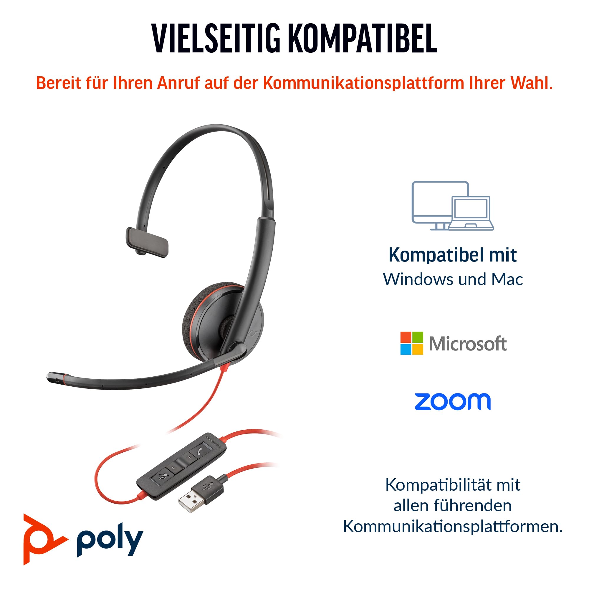 Schnurgebundenes USB-C-Headset Poly Blackwire 3210 – Noise Cancelling-Mikrofon – Ein-Ohr-Design – Verbindung mit PC/Mac über USB-C oder USB-A – Kompatibel mit Teams, Zoom