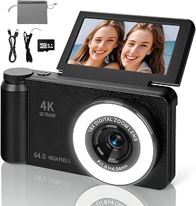 Cámara Digital 4K 64MP con Luz Beauty y Modo Belleza Cámara Digital Portátil con Pantalla Abatible 180° de 3″ Zoom Digital 18X con Autofocus Cámara Compacta para Vlogging y Viajes Incluye Tarjeta 32GB