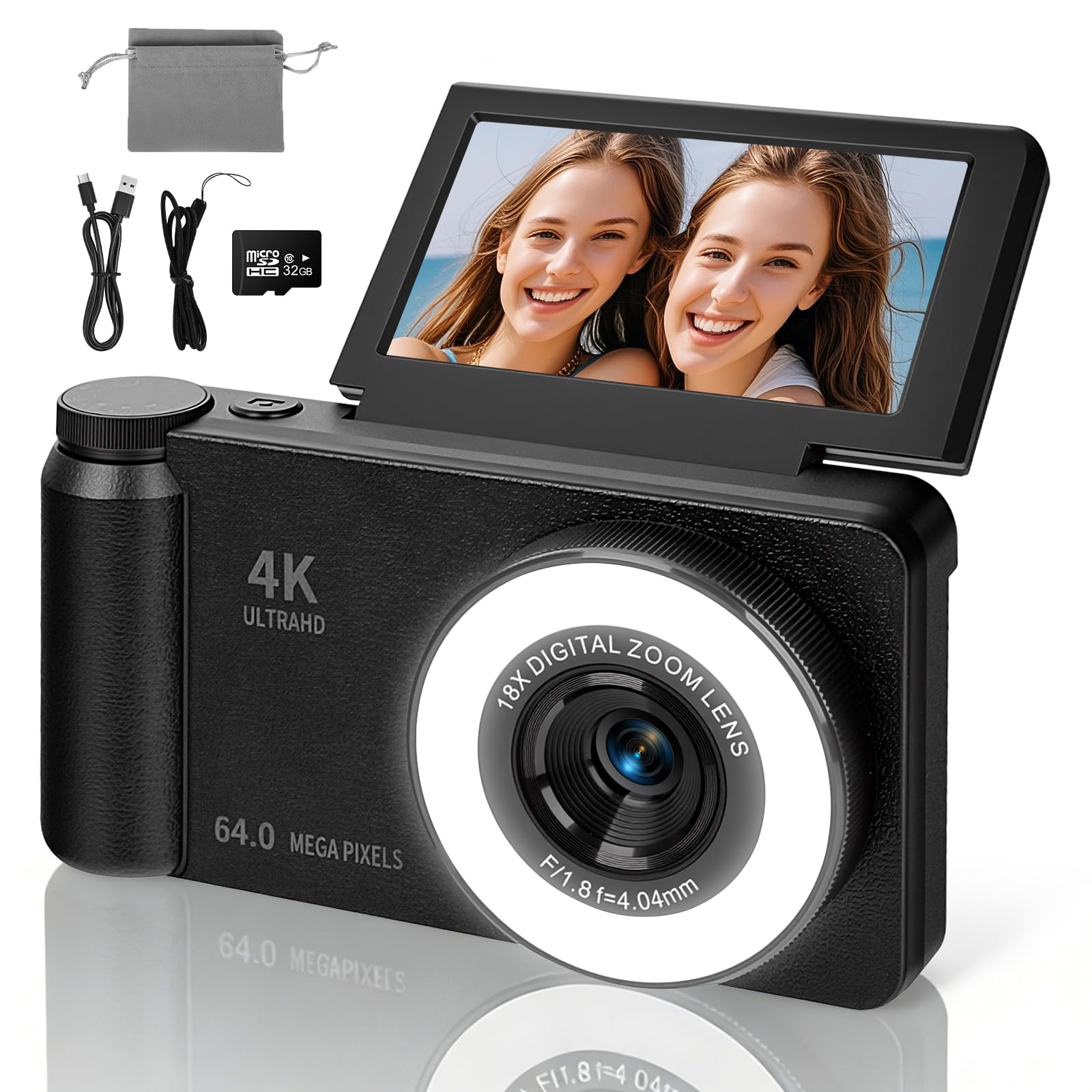 4K 64MP Digitalkamera mit Beauty Licht & Schönheitsmodus Autofokus Kamera Fotokamera Kompakte Vlogging Kamera 3 Zoll 180° Flip Bildschirm 18X Digitalzoom 20 Filter 32G Karte für Kinder Jugendliche