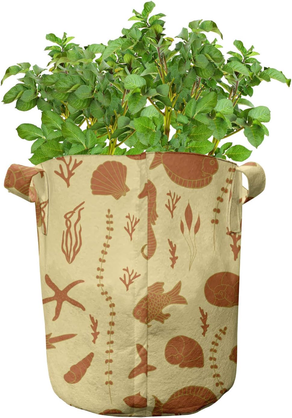 Lunarable Underwater Grow Bags 5-Pack, Fishes Corals Shells, Heavyduty Fabric Pots with Handles for Plants, 7 Gallon, Pale Yellow Ginger
