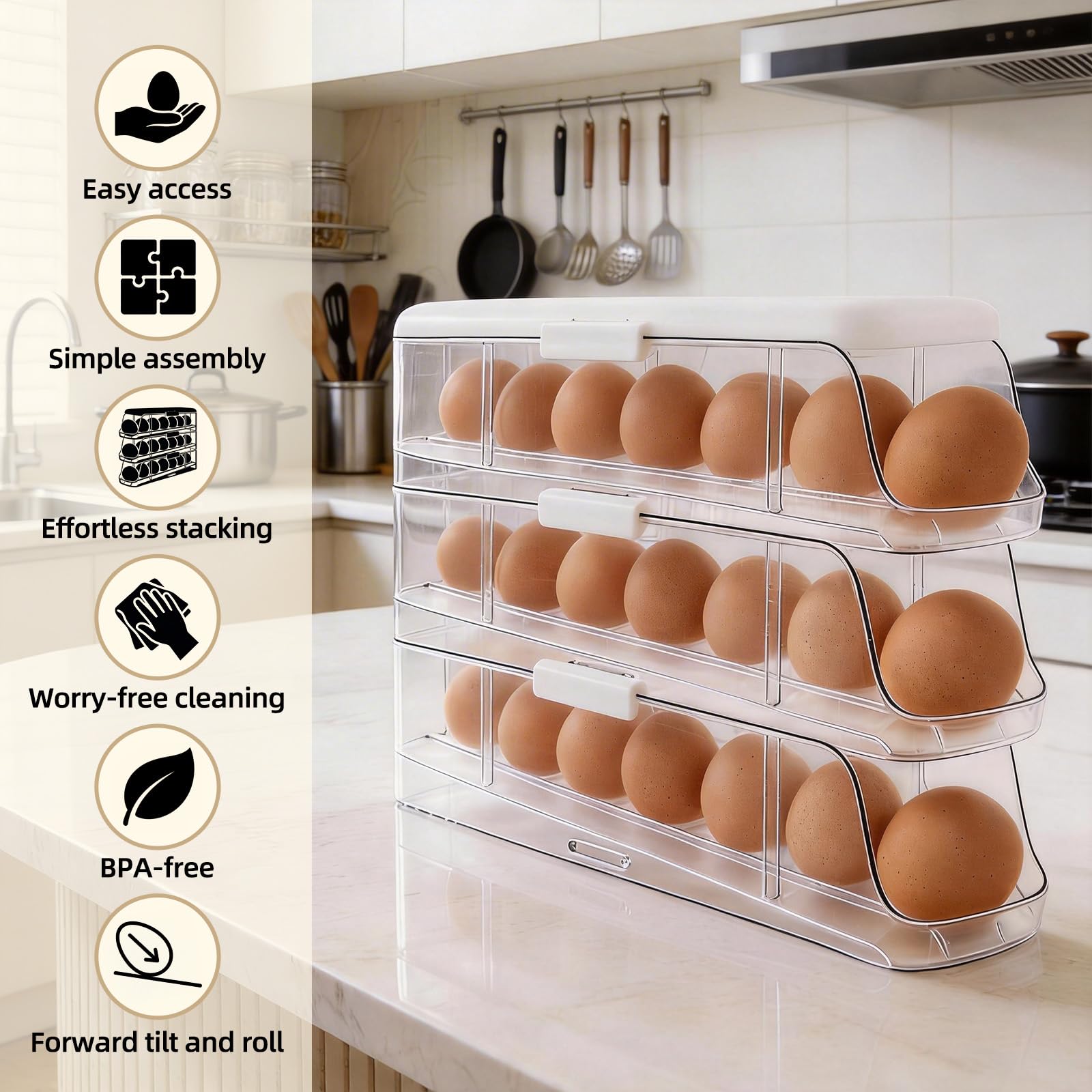 PAVSTINE Organizador de Huevos para Nevera Desmontable Capacidad para 21 Huevo, 3 Pisos con Tapa Rodillos Automáticos Hueveras, Transparente Dispensador de Huevos para Nevera en PET - 4