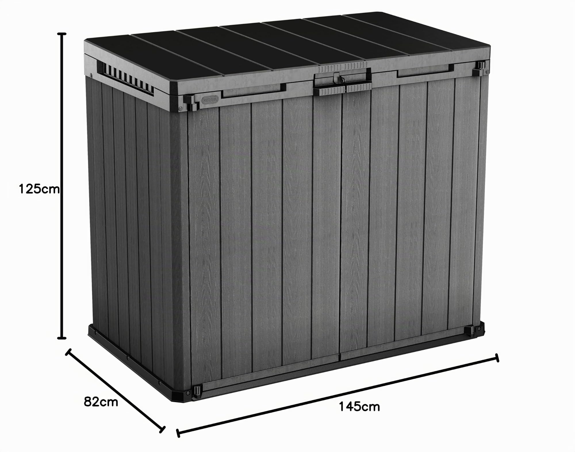 Keter Store-It-Out - Armadietto per bidoni della spazzatura 1150 l, resistente alle intemperie, effetto legno, richiudibile, 2 tonnellate da 240 l, 141 x 82 x 118 cm, grigio