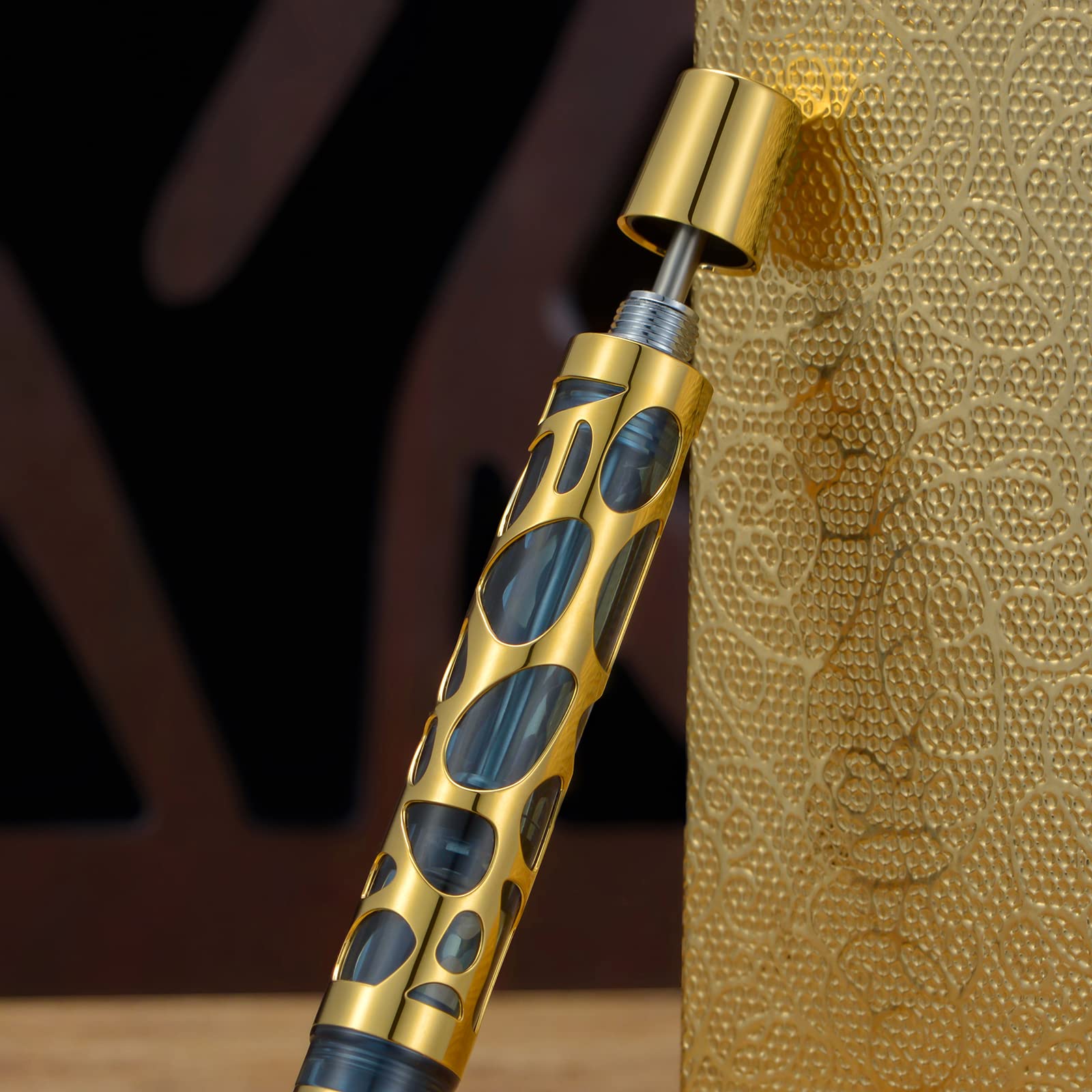 Asvine V169 Stylo Plume de Remplissage sous Vide Pointe Extra Fine, Goutte d'Eau Squelette Or Garniture Transparent Gris Bleu Acrylique Stylo Etui Ensemble