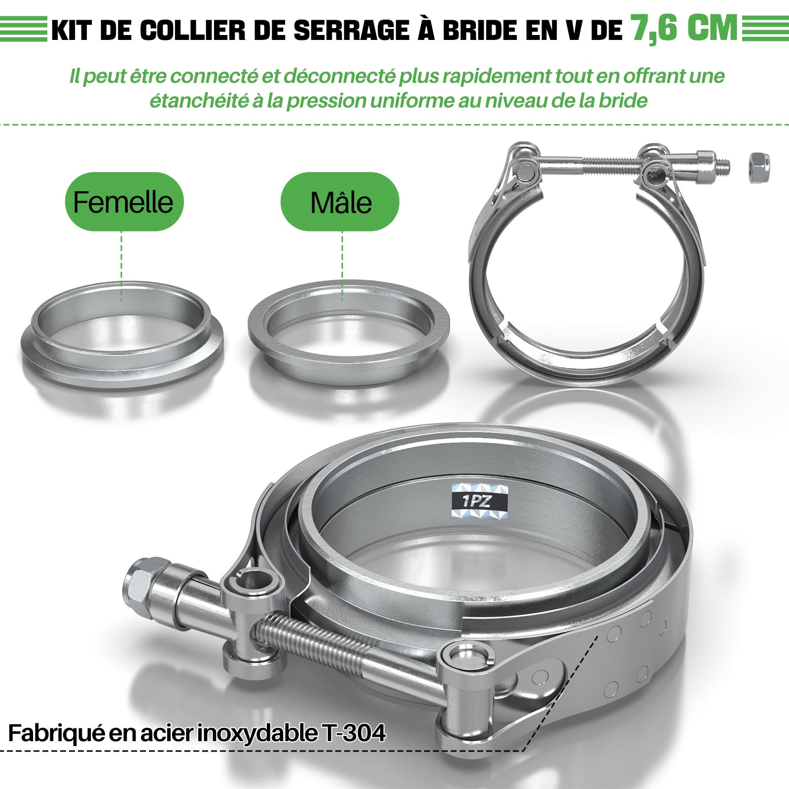 1PZ FR7-FC1 Kit de Bride de Serrage en V-bande 3.0 pouces (76.2 mm) en Acier Inoxydable, V-Clamp pour Tuyau d'Echappement, Compatible avec Turbos, Ensemble de Colliers Universels (2 pièces)