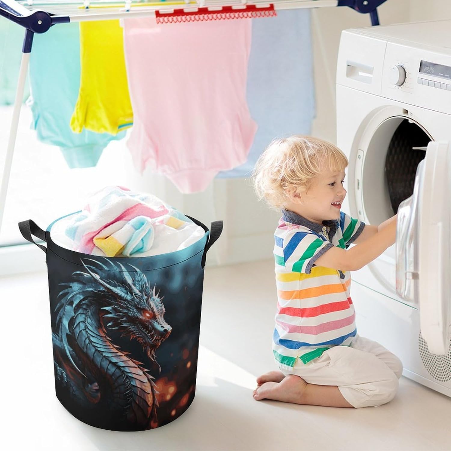 Dragon Laundry Basket Collapsible Clothes Hamper with Reinforced Handles Large Capacity Waterproof Laundry Bag Freestanding Laundry Hamper for Bedroom Bathroom