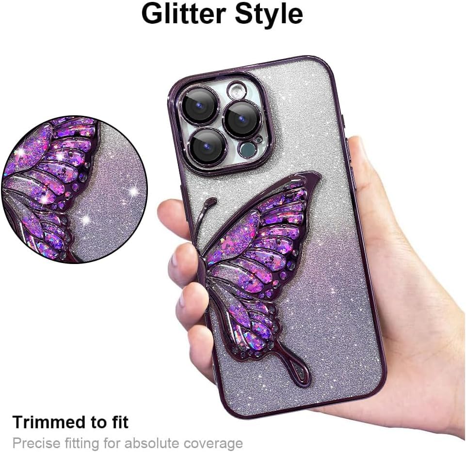 Image of SHINESTAR 3D Butterfly Case for iPhone 14 Pro Max Cover, Cute Girly Glitter Bling Luxury Back Cover for Women Girls Protective Shockproof Slim Camera Protection for iPhone 14 Pro Max - Purple