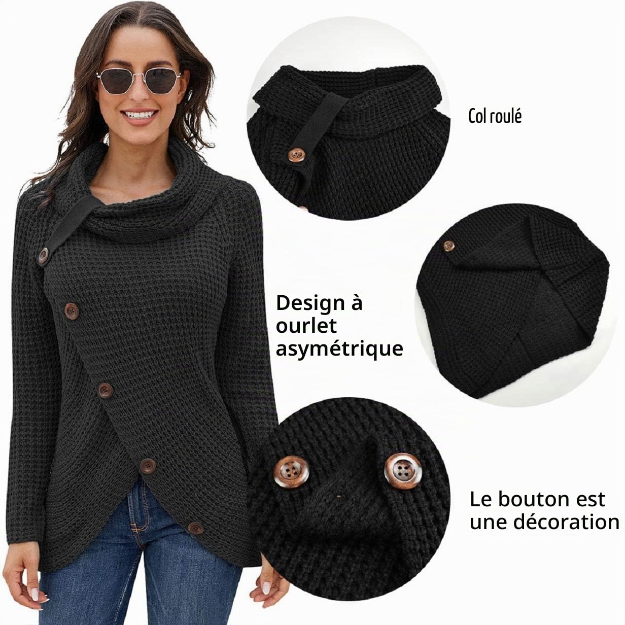 Tuopuda Femme Pull à Manches Longues Chandail Elégant Pullover Col Roulé Hauts Tricot Sweater avec Boutonné Croisé Tricot Décontracté Ourlet Asymétrique Automne Hiver