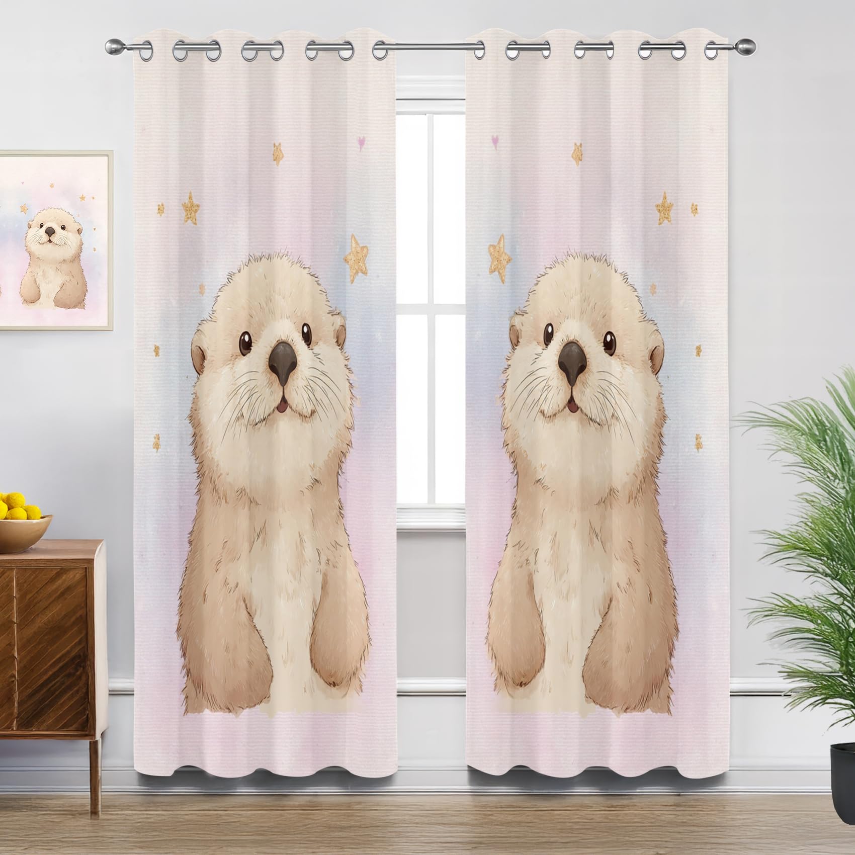 Mistela Otter Eyelet Curtains - Cute Animal Kids Nursery Blackout Curtains for Living Room Bedroom, Thermal Insulated Soundproof Short Curtain, W66 X D54, 2 Panels Drapes Room Decorations