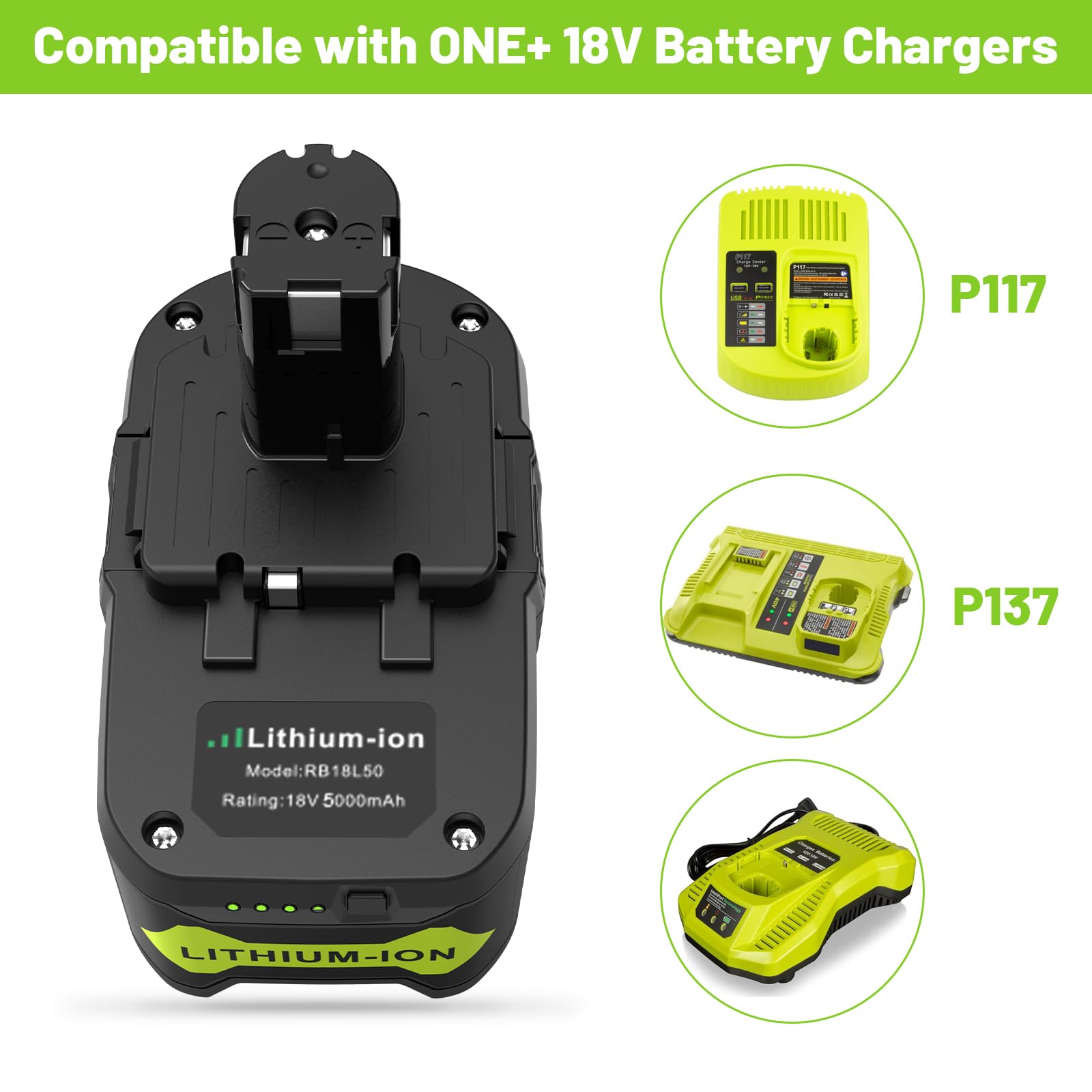 LabTEC 2 Paquetes Batería de Repuesto para Ryobi BPL-1815 BPL-1820G BPL1820 BPL18151 P102 P103 Batería Inalámbrica para Herramienta Eléctrica con luz Indicadora(18V, 5000mAh)