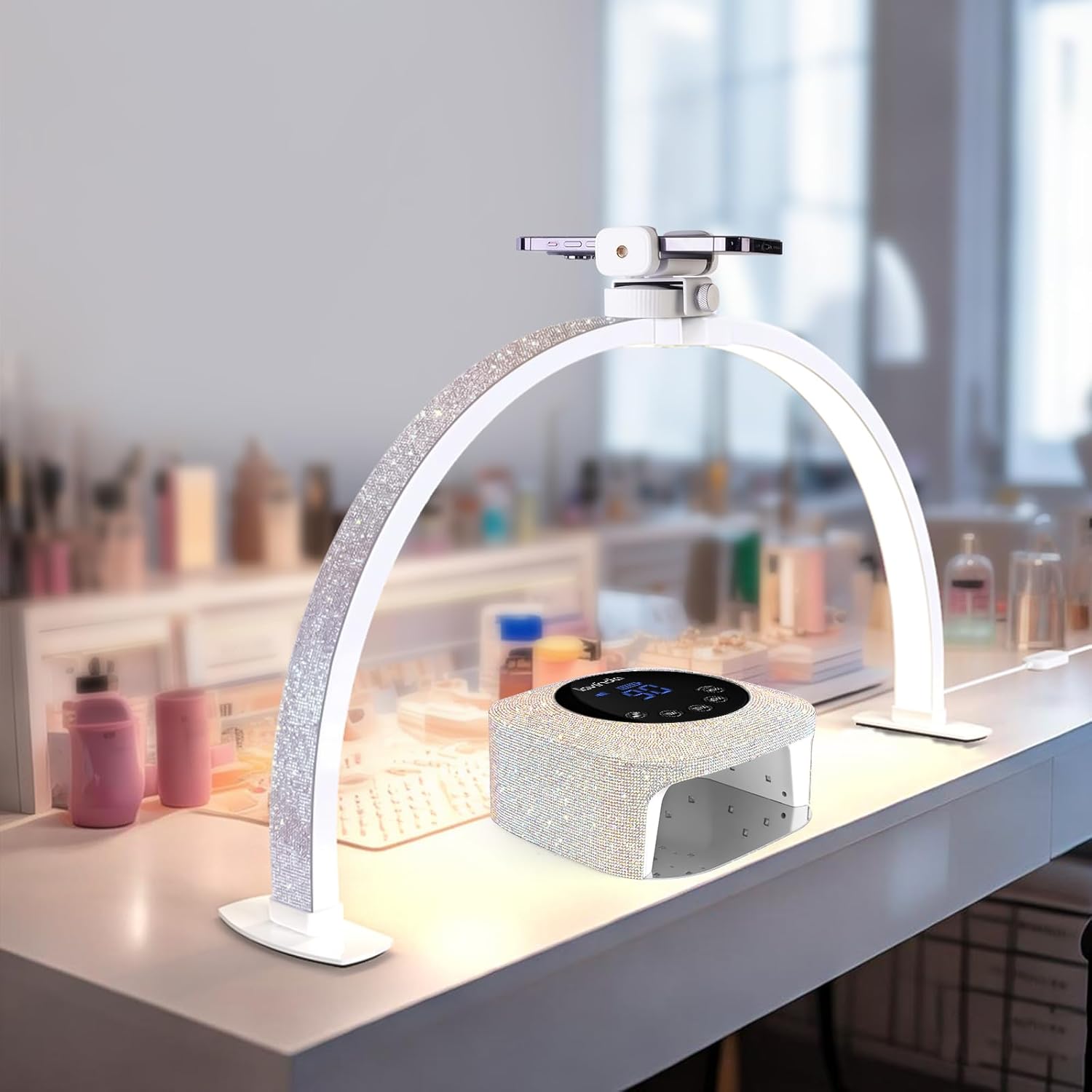 Lavinda UV LED Nail Lamp, 54W Rechargeable Cordless Nail Lamp, and 29in Foldable Nail Table Light - 3000-6000K Adjustable Half Moon Light with Phone Holder for Salon & Home (Crystal Diamond)