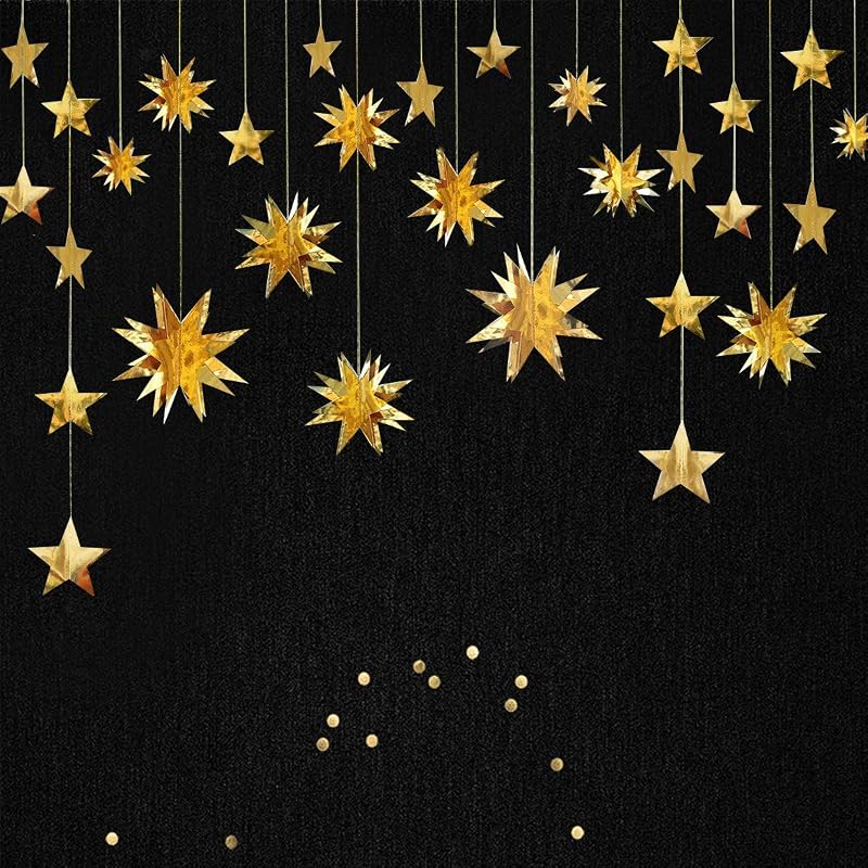 pinkblume Gold Party Decorations Star Garlands Streamer Gold 3D Stars Metallic Paper Hanging Bunting Banner for Birthday Wedding Bridal Shower Holiday Christmas Ramadan EID Mubarak Party Supplies