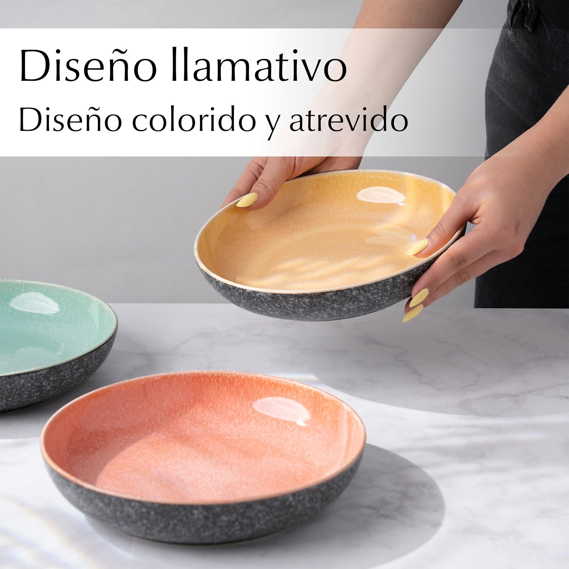 MIAMIO - Set de 6 Platos para Sopa (850 ml) / Cuencos para Pasta, Cuencos Coloridos para Pasta, Ensalada, Sopa, Espaguetis/Cuencos Aptos para Microondas y Lavavajillas - Colección Las Palmitas