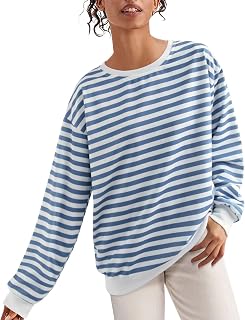 MKIUHNJ Women's Bathrobe Terry Towelling Without Casual Women's Sweatshirt with Wide Crew Neck, Loose Striped Print, Casual Pullover La Girl