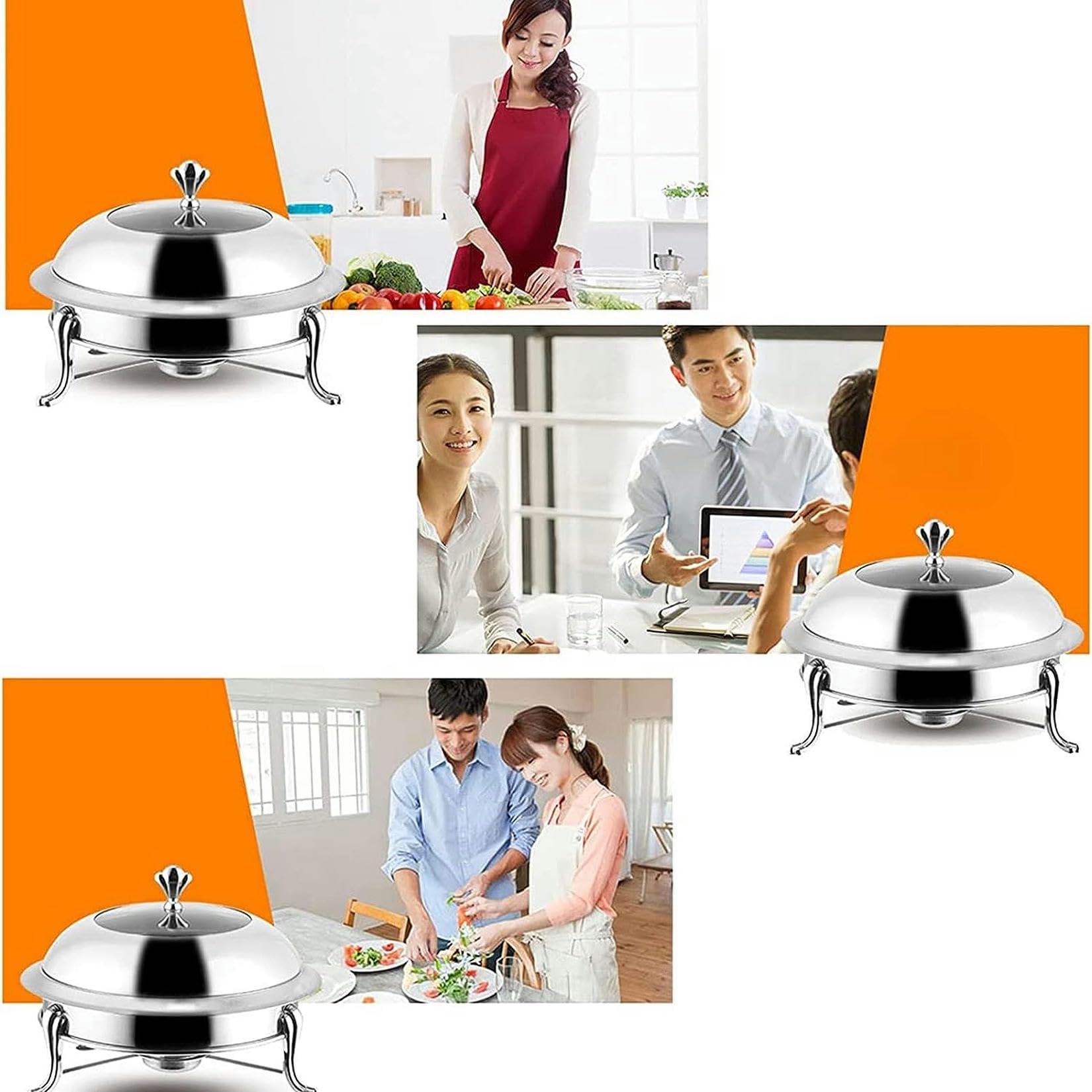 Juego de platos de acero inoxidable con bandeja para alimentos, soportes de combustible y tapa para catering, cocina, fiesta, comedor, buffet, redondo, calentador de alimentos
