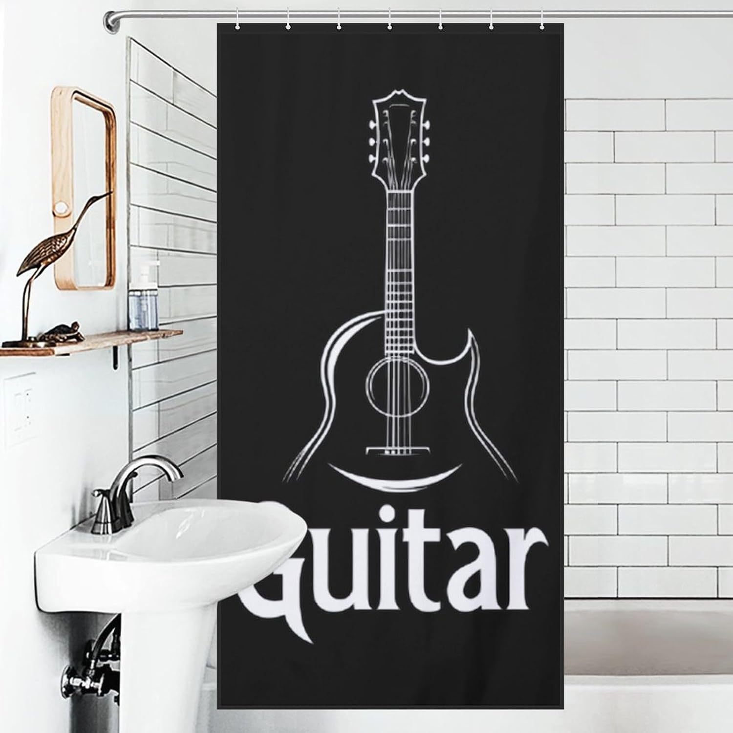 Minimalist Guitar Fabric Shower Curtain Liner Bath Bathroom | machine washable,with 12 hooks,stainless steel grommets,room divider