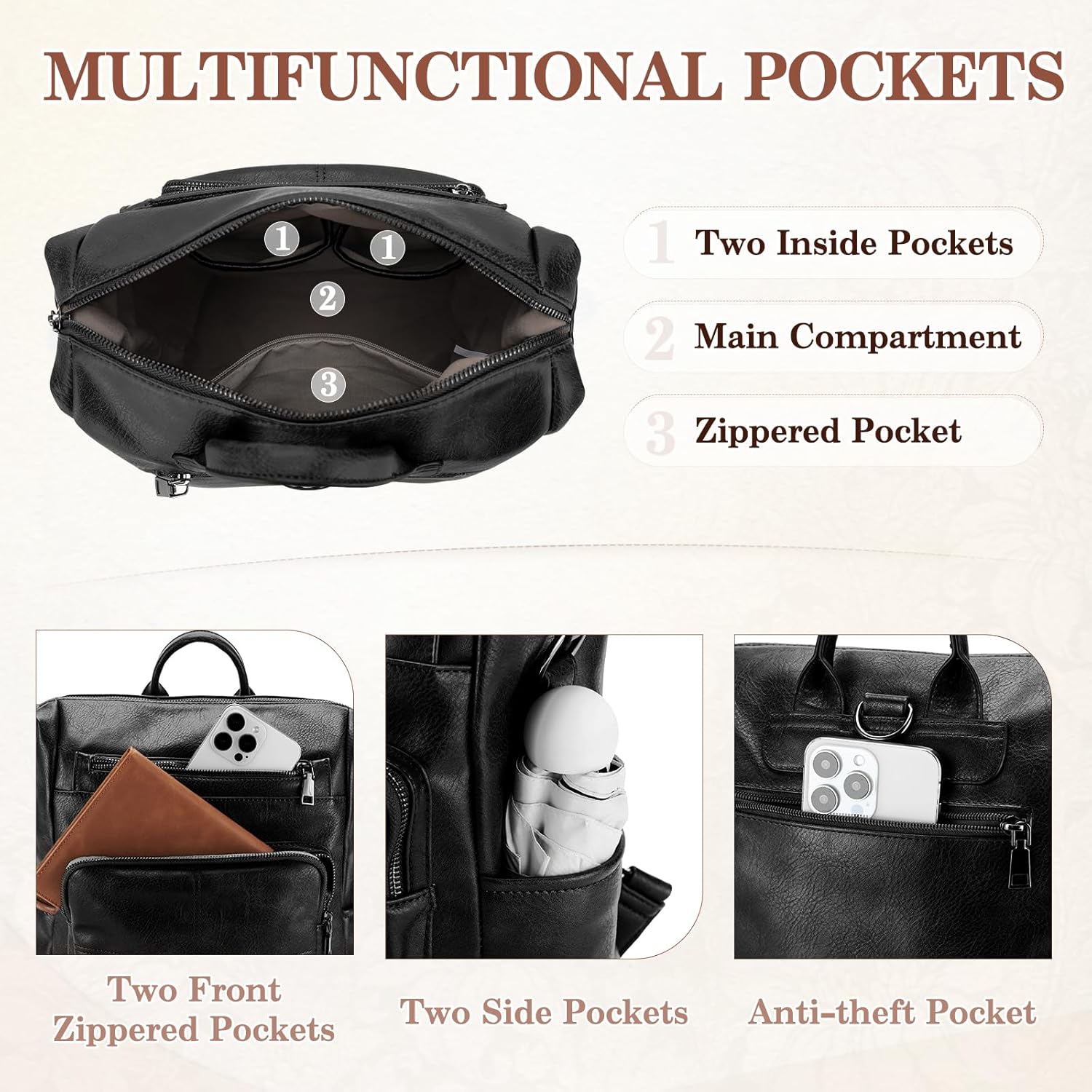 VASCHY Backpack Purse for Women,Vegan Fashion Leather Medium Convertible Ladies Backpack Shoulder Bag for Travel/Work/Diaper Black - Image 3