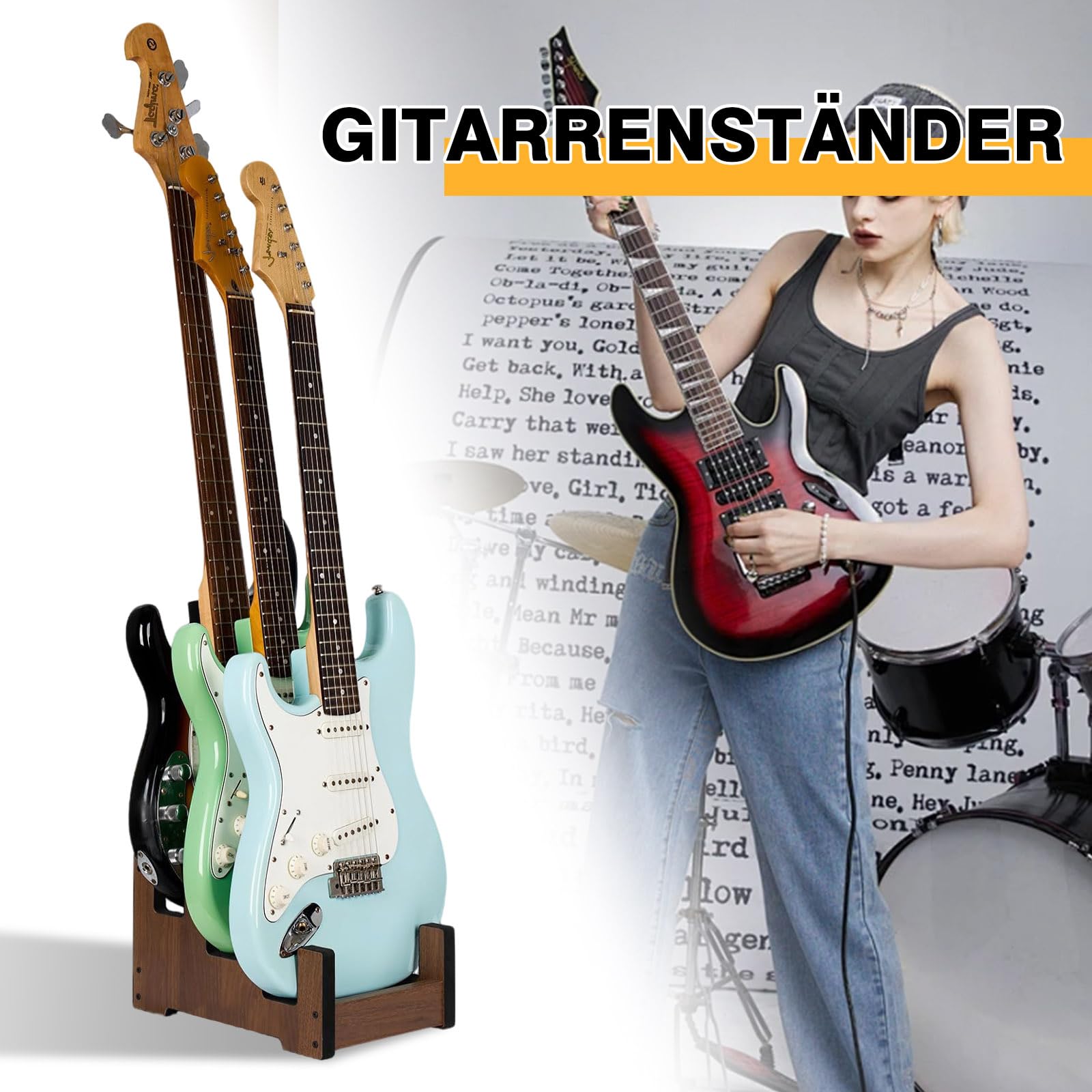 Gitarrenständer Holz für mehrere Gitarren, 3-Halter Gepolsterter Multi-Gitarrenständer Boden Platzsparend 3 Gitarren Display-Rack für Zuhause Studio Bühne (Für 3 E-Gitarren/Bässe)