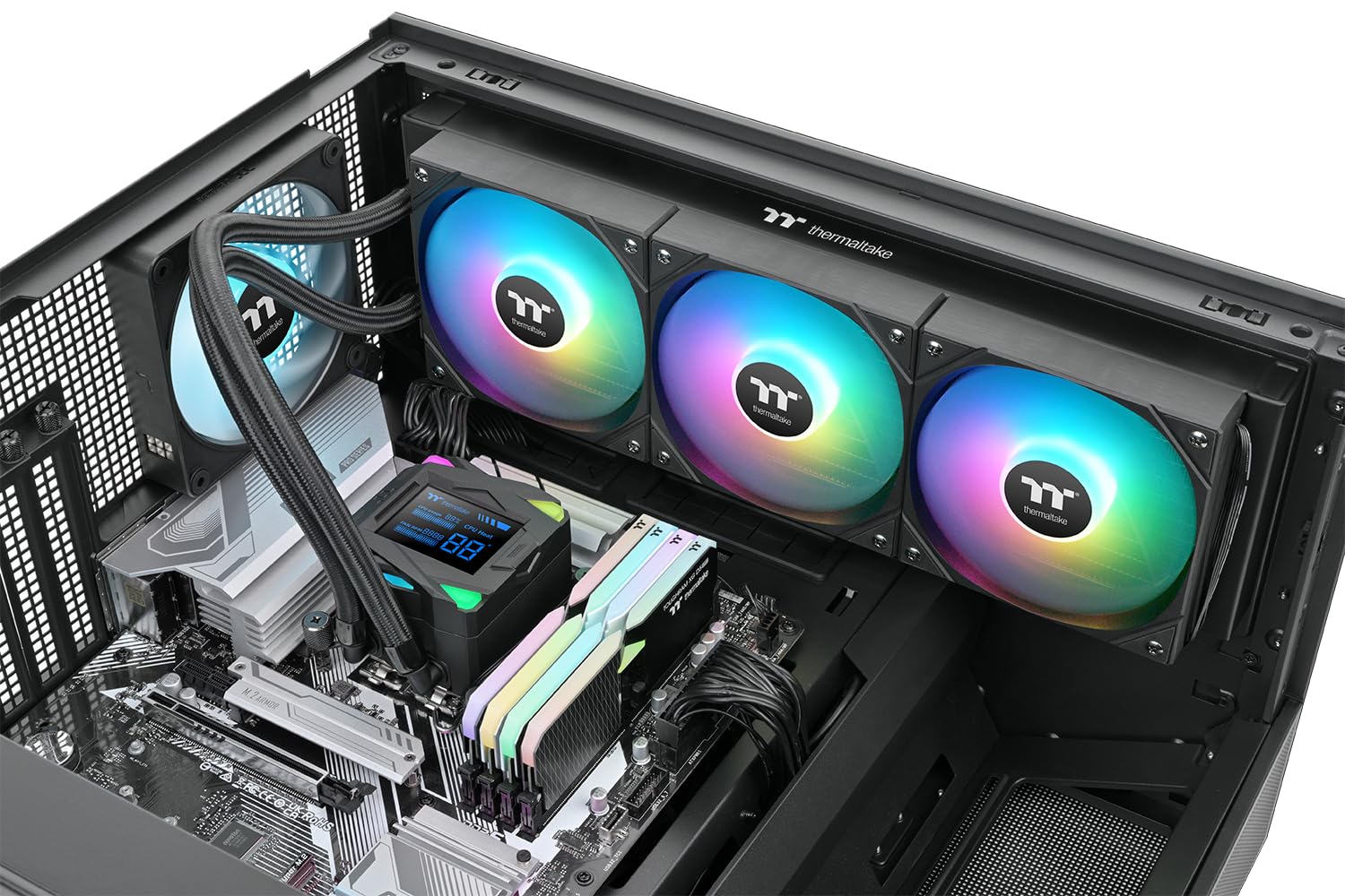 Thermaltake LA360-S ARGB Sync AIO Wasserkühlung 360mm – 2,4" Segment-LCD Display Wasserblock für CPU Temperatur und Auslastung, 3×120mm PWM ARGB Lüfter bis 2500 RPM, Intel/AMD (LGA1700/AM5), Schwarz