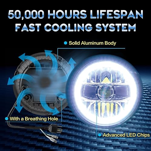 Miniatura 5 de Sinoparcel Conjunto de Faros Delanteros Redondos de 7 Pulgadas con Anillo Halo DRL/Señal de Giro, Faros LED de Haz Sellado H6024 6024, Reemplazo Más