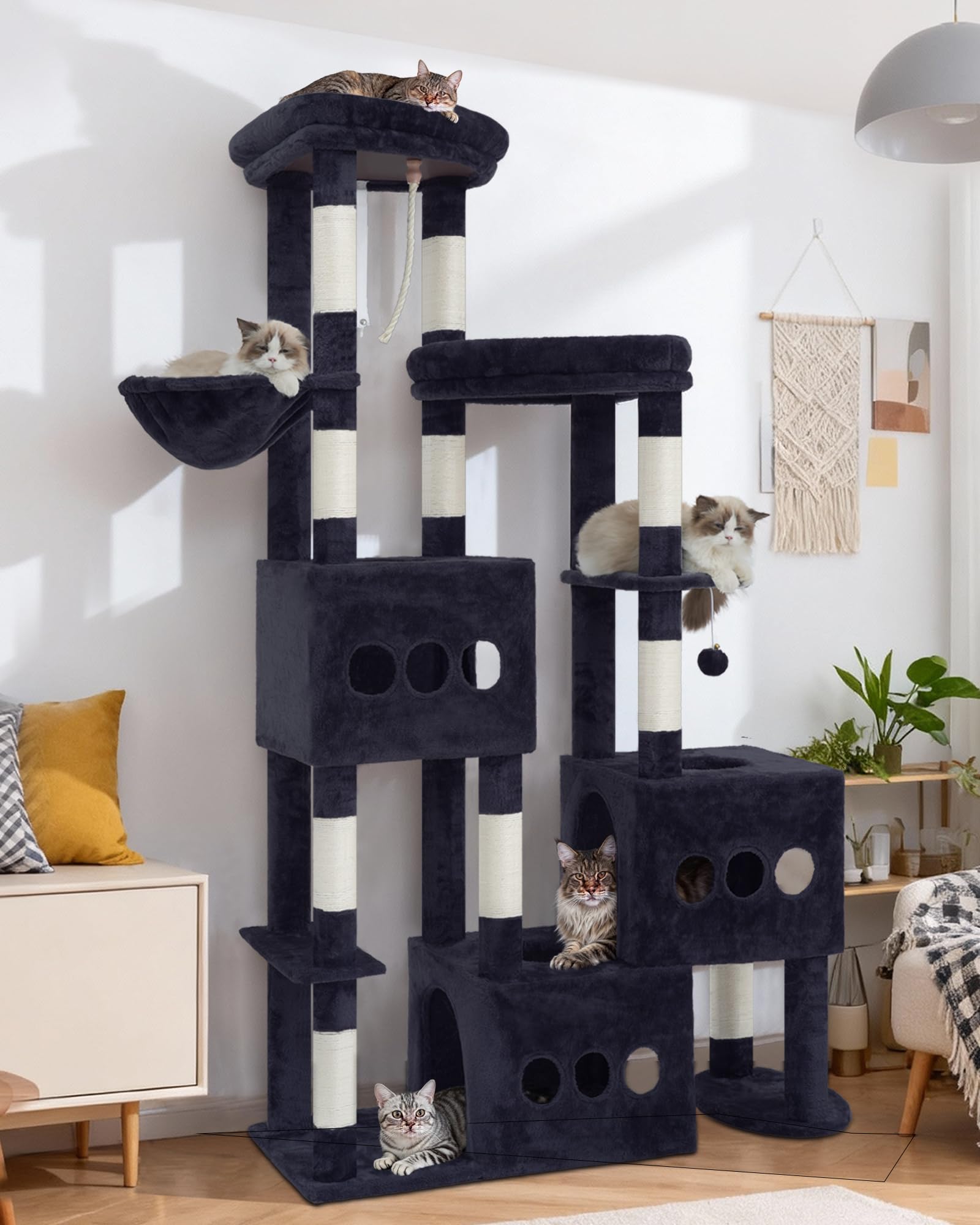 Gitelsnour Rascador para Gatos de 182 cm, Árbol rascador para Varios Gatos antivuelco y Estable con 3 Cuevas Grandes, con 3 Plataformas, Cesta Colgante y 10 Postes rascadores, Gris Ahumado GCT036G