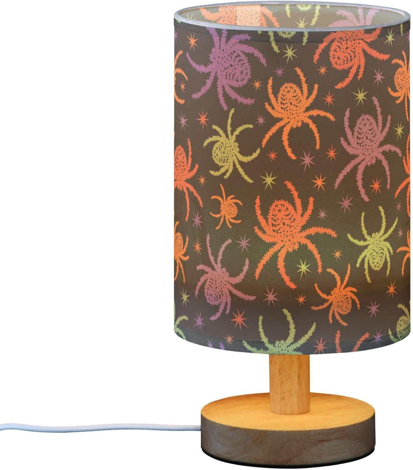 Table Lamp Colorful Spooky Spider Halloween Creepy Pattern Nightstand Lamp with Wood Base Fabric Lamp Shade Bedside Desk Lamp for Living Room Bedroom Kids Room Office