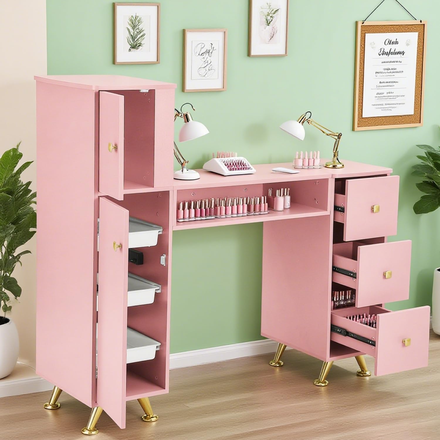 Pink Nail Table for Nail Tech, Nail Desk for Nail Tech, Manicure Table Nail Station for Makeup Beauty Spa Salon, w/2 Hand Rest, Pull-Out Storage Tray, 3-Tiers Shelves, Golden Legs