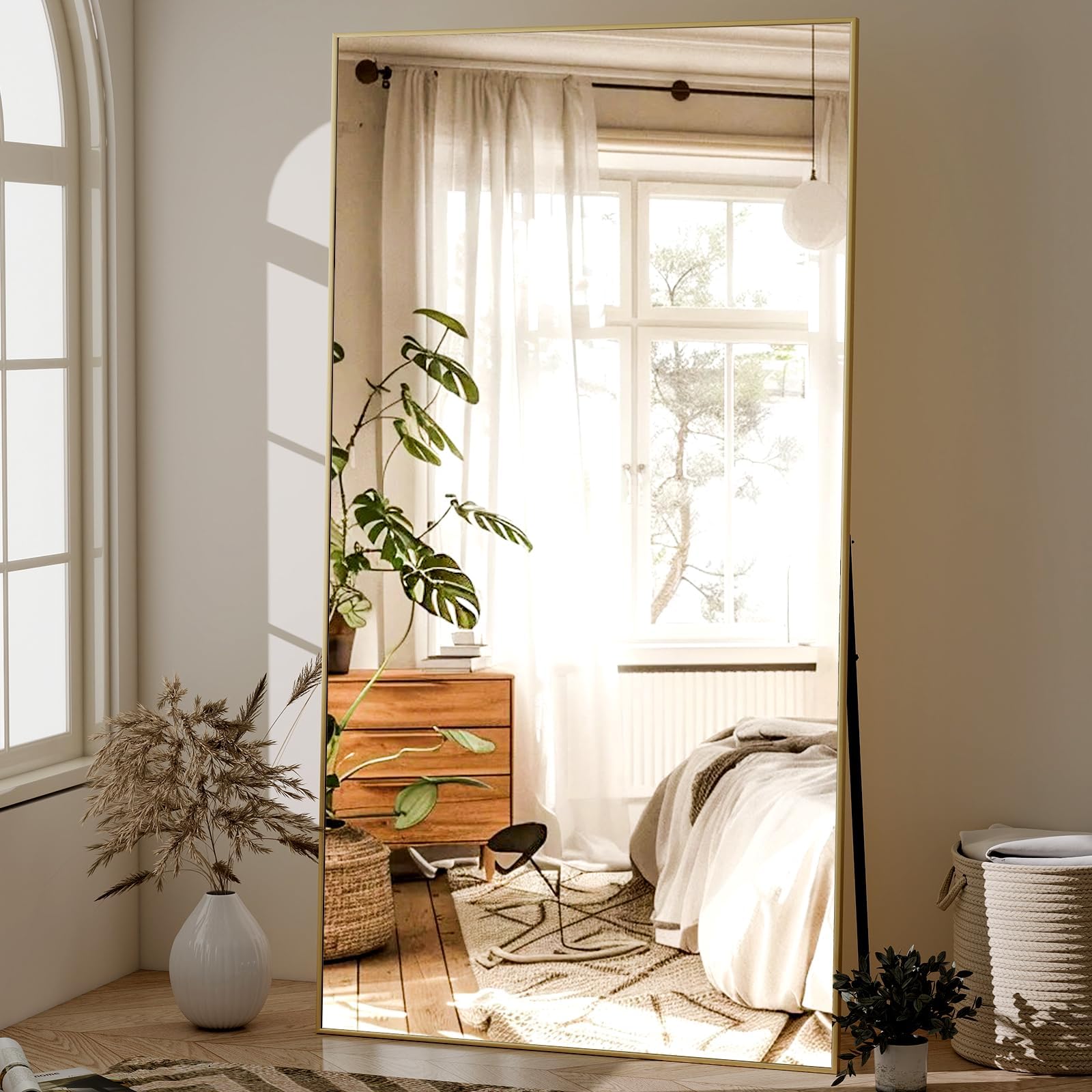 - GLSLAND 71"x31" Full Length Mirror Extra Large Hanging or Leaning Rectangle Mirror Aluminum Alloy Thin Frame Bedroom Floor Dressing,Gold