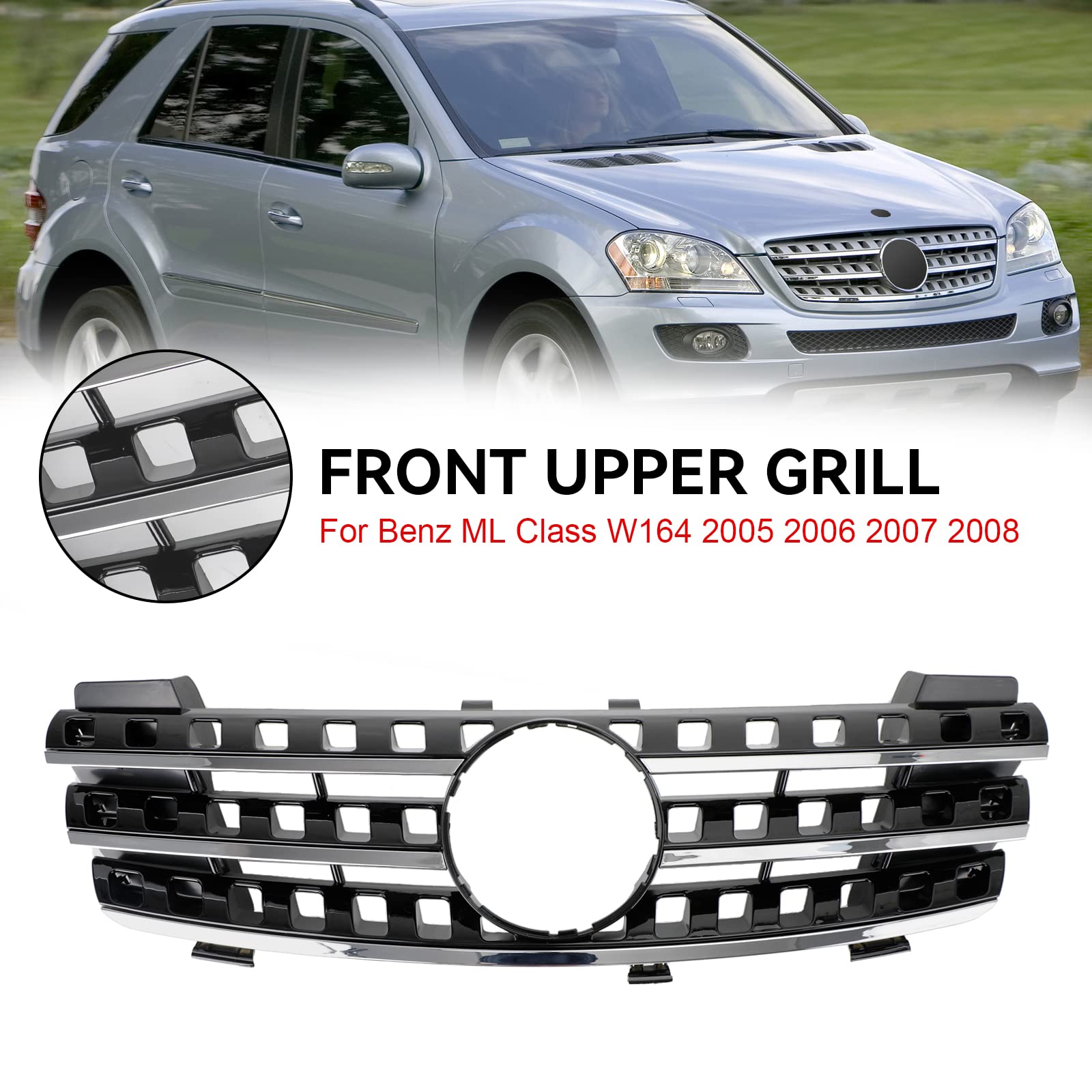 Parrilla del Parachoques Delantero Apto para Mercedes ML-Class W164 2005-2008 Chrome/Black (No Logo)
