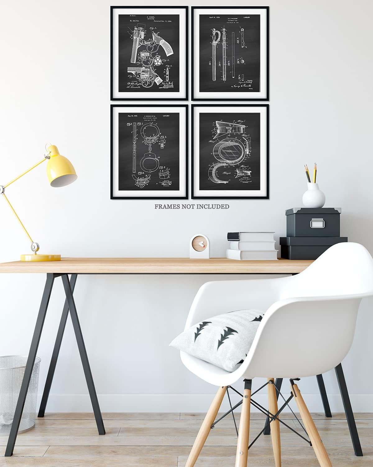 Govivo Police Patents - A Set of Four Police Gear Patents Wall Art Decor Prints with dark gray backgrounds - unframed artwork printed on photograph paper