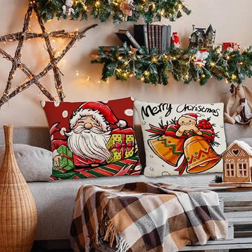 Miniatura 7 de Juego de 4 fundas de almohada navideñas de 18 x 18 pulgadas, fundas de almohada de Navidad, decoración de casa rural, funda de almohada de lino con