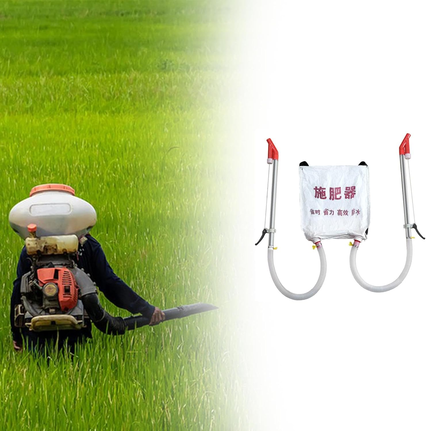Gralara Granular Spreader with Backpack Woven Bag Corn Fertilizing Tool 48x44cm for Vegetables Multipurpose Labor Saving, Two Metal Handles