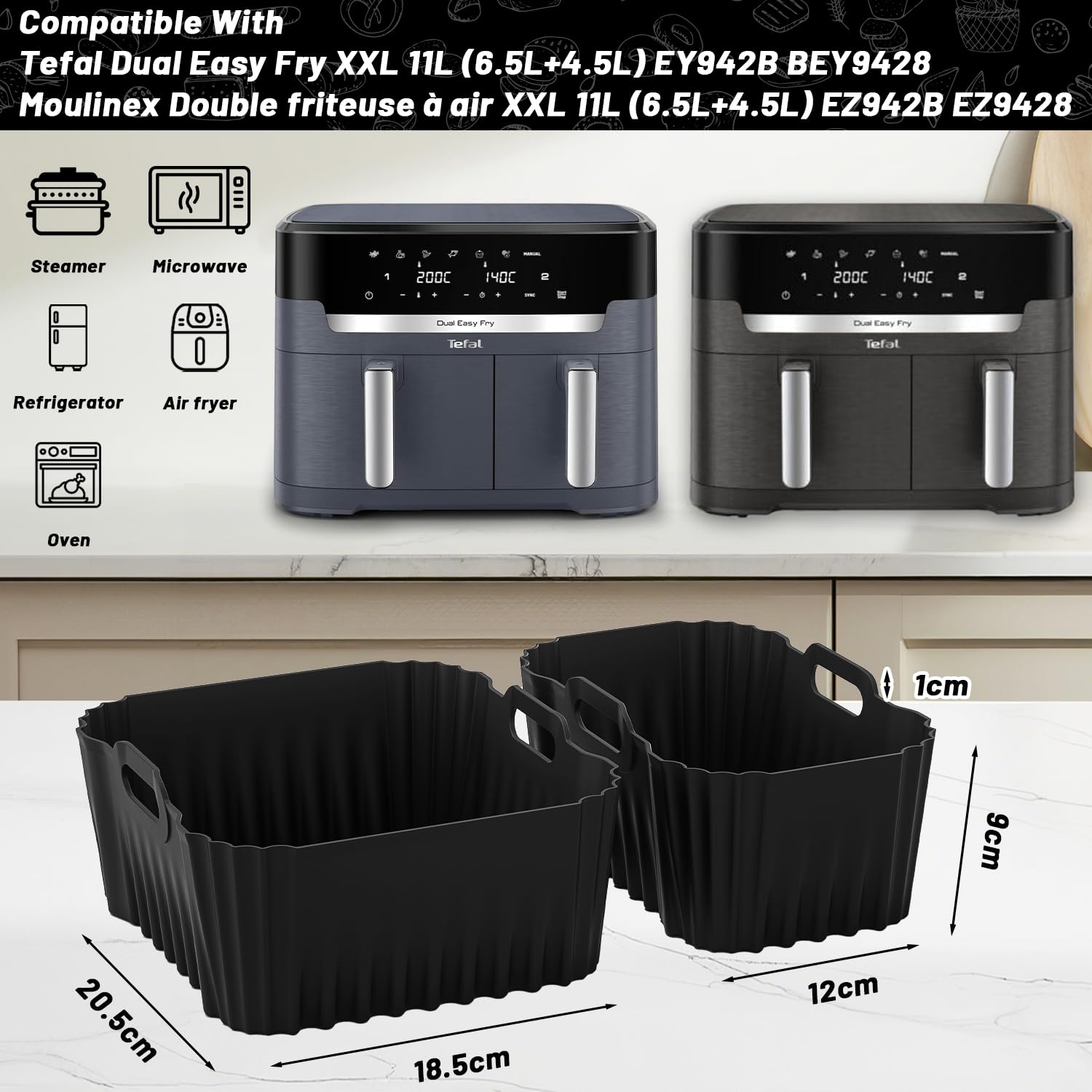 Tefal Accessori friggitrice ad aria calda – Accessori Airfryer per Tefal EY942B Dual Easy Fry XXL 11L (6,5/4,5L), 24 pezzi Air Fryer Accessories – Stampo in silicone per grigliate, carta da forno
