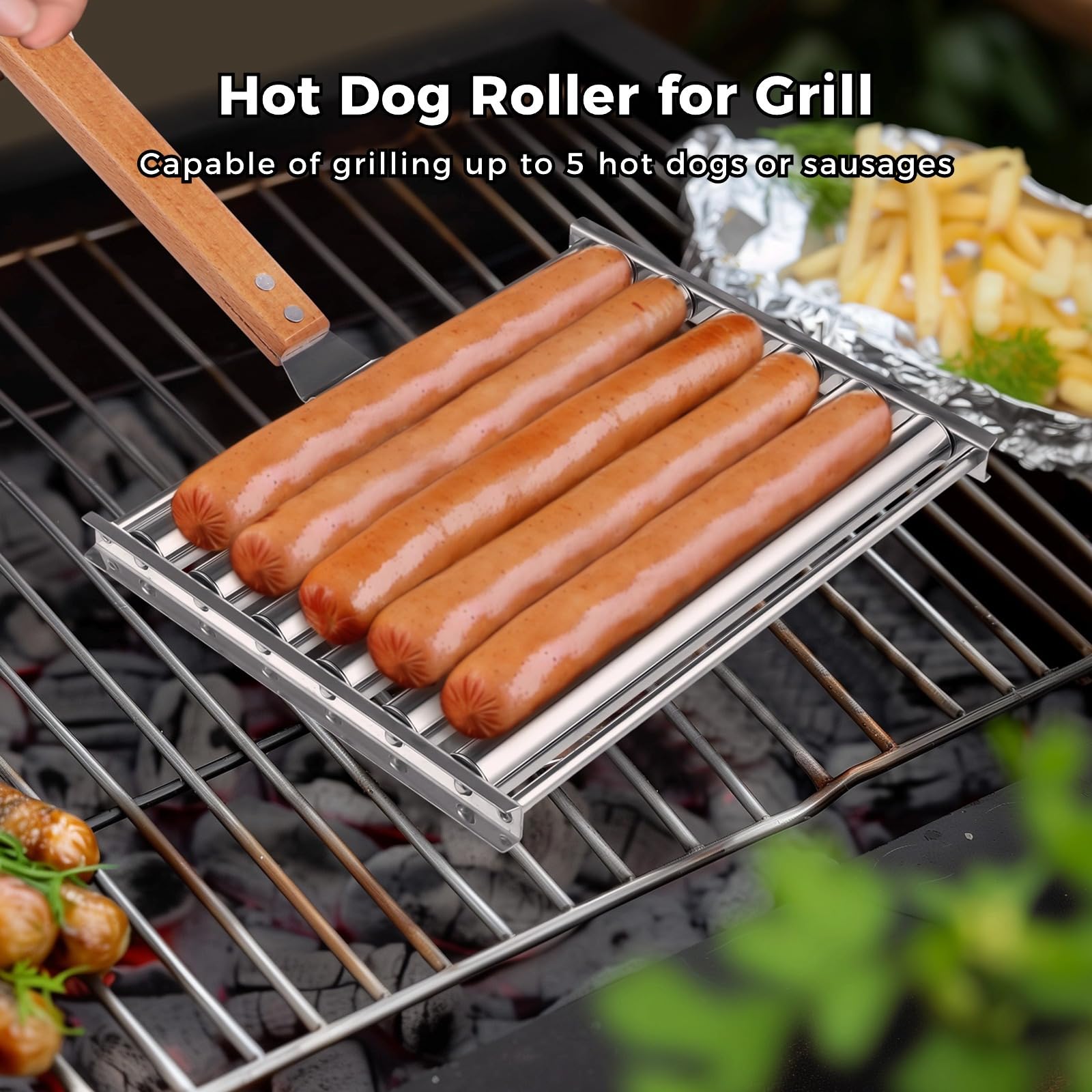 Edelstahl-Grillrolle für Hot Dogs, Wurstgrillrost mit Holzgriff, 2 Stück, 24,9 x 18,1 cm
