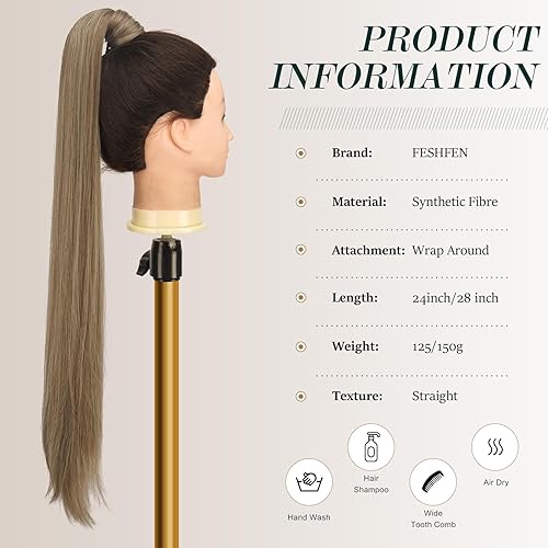 Miniatura 10 de FESHFEN Extensiones de cola de caballo largas y rectas con clip envolvente, extensiones de cola de caballo sintéticas para mujeres y niñas, 24