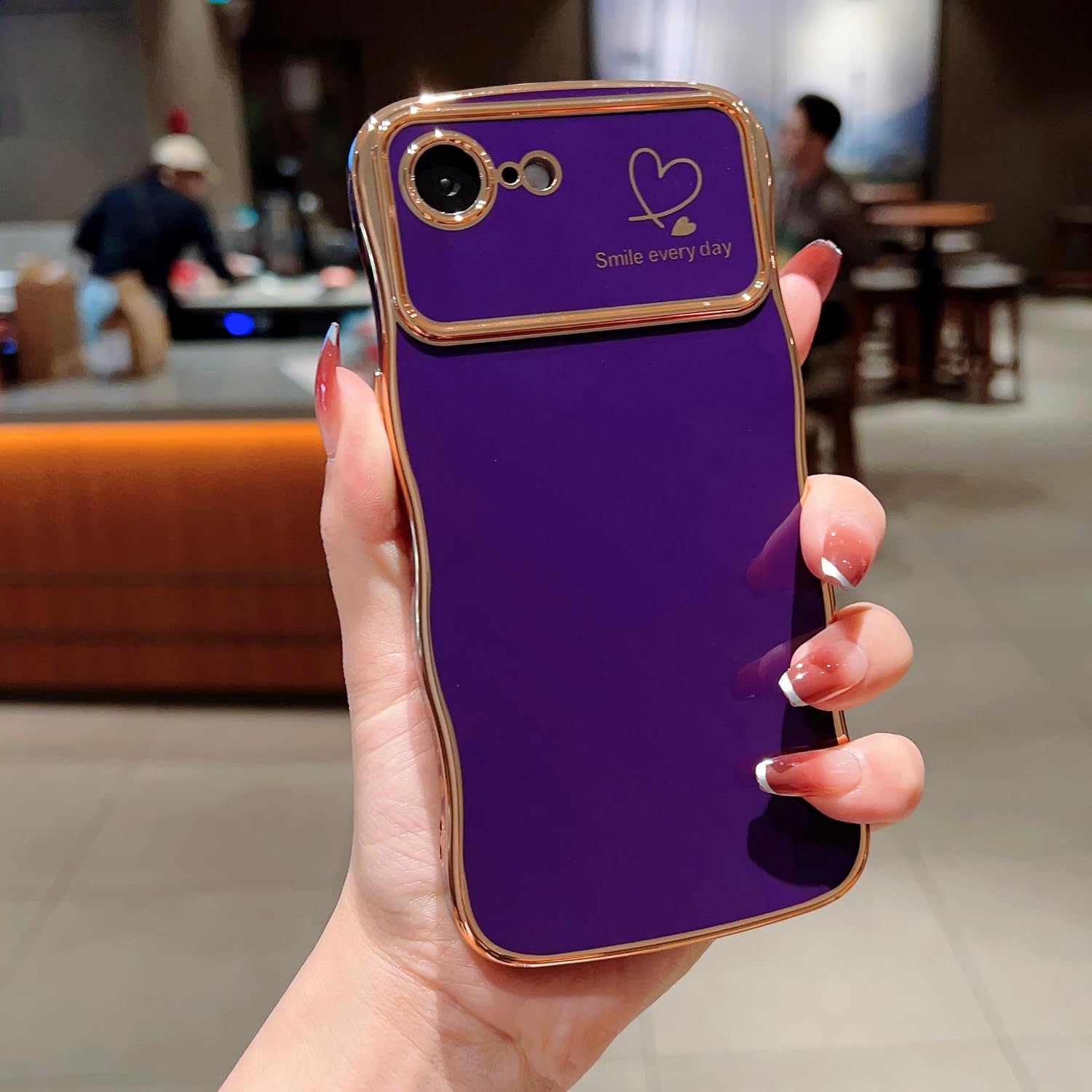 IDweel for iPhone 16e Case for Women Girls,Cute Case for iPhone 17e (2026),Luxury Wave Frame Curly Shape with Love Heart Raised Camera Protection Slim Fit Cover Plating Case, Dark Purple image 2