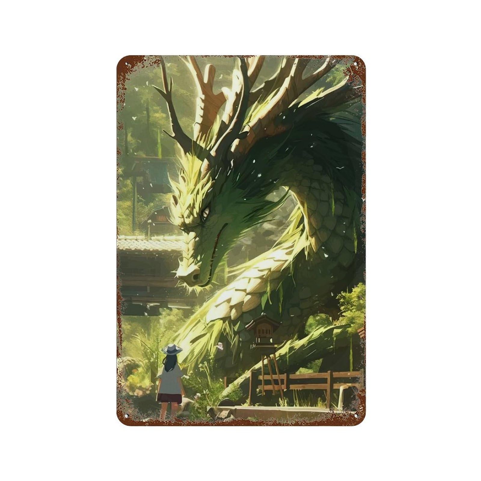 Forest Dragon And Girl Encounter 11.8"x7.9" Decorative Tin Sign, Retro Wall Decor for Bistro, Counter And Cafe Decor