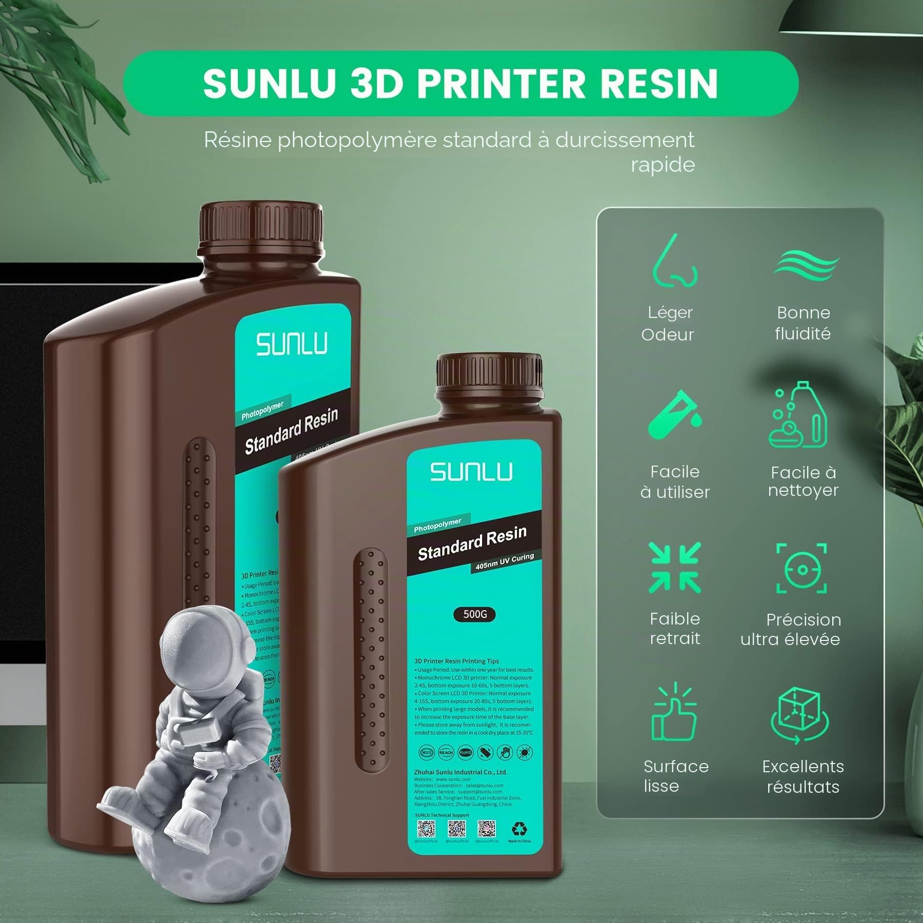 SUNLU Résine standard 2 kg Faible rétrécissement Durcissement rapide Résine UV 365-405 nm Pour imprimantes 3D LCD/DLP/SLA 2000 g Gris