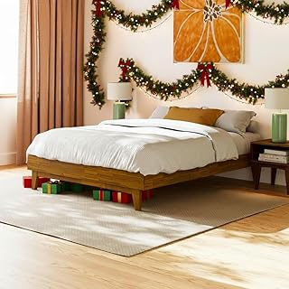 Bme Catherine Queen Platform Bed Frame, Modern Bed Frame Without Headboard, Wooden Low Profile Bed Frame, Acacia Wood Platform Bed Frame, No Box Spring Needed, Supports up to 800lbs - Teak Brown
