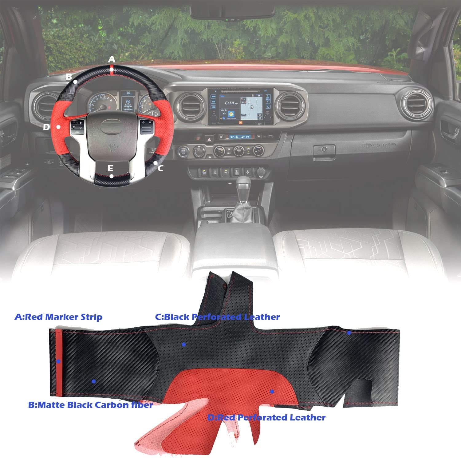 Hand-Stitch Wheel Wrap Side Red Perforated Leather&Matte Black Carbon Fiber Steering Wheel Cover for Toyota Tacoma 2012-2021 / 4Runner 2010-2021 / Tundra Sequoia 2014-2021 (Matte Carbon Fiber)