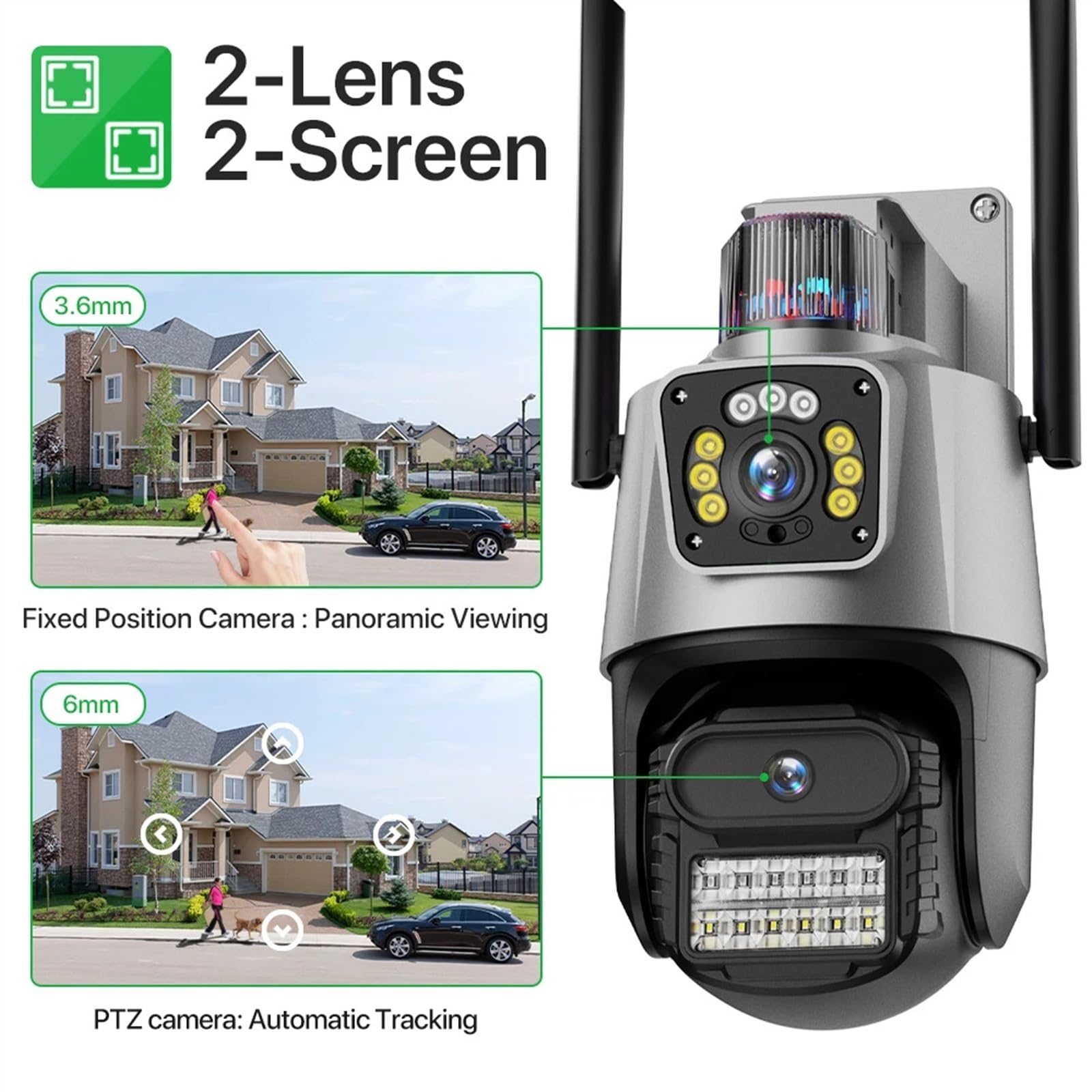 Kamera IP 8 MP 4K HD Zewnętrzna kamera PTZ z dwoma obiektywami 4 MP Automatyczne śledzenie Alarm nadzoru wideo Łatwa instalacja(4MP NO SD Card)