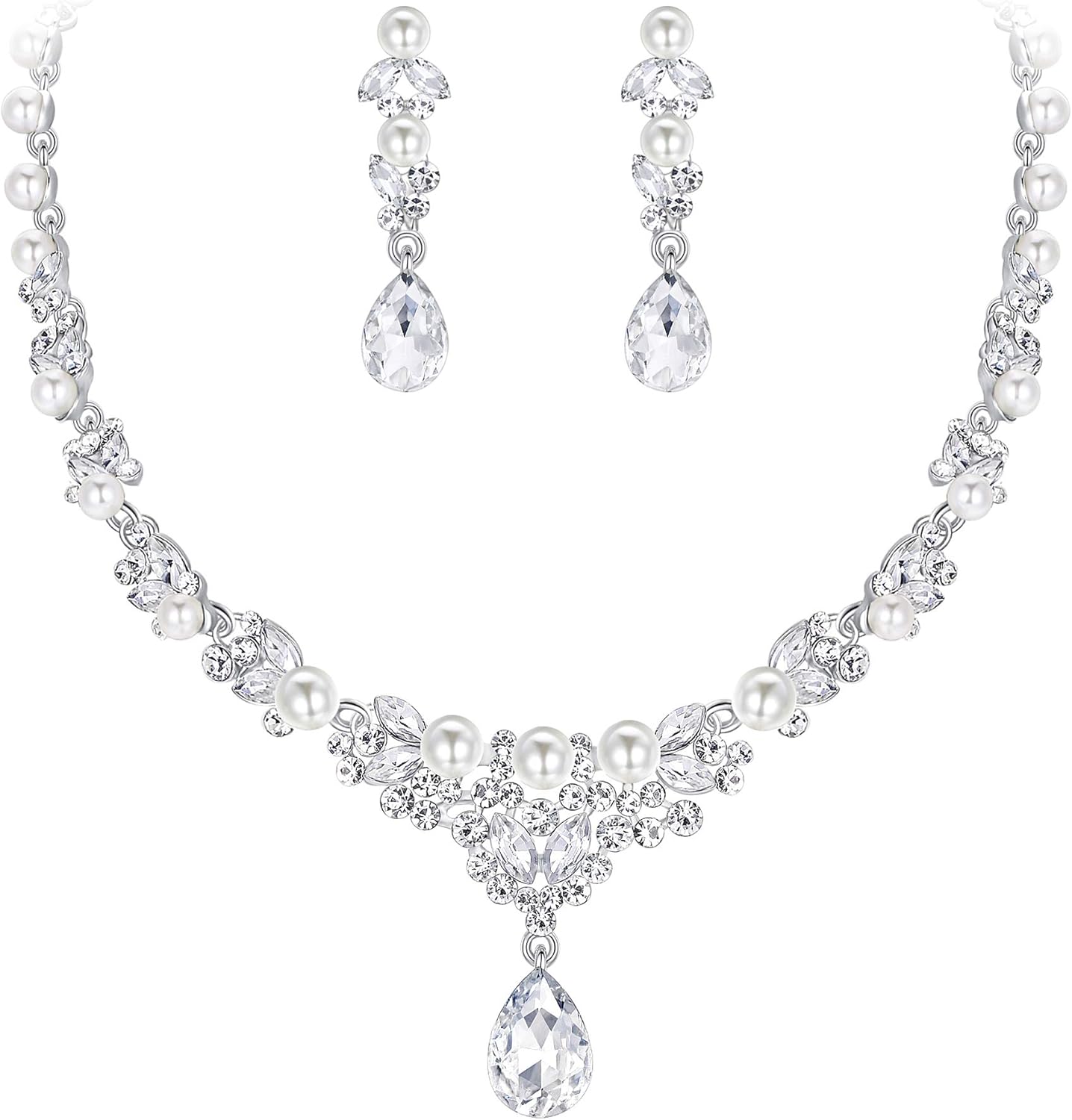 EVER FAITH Women's Crystal Simulated Pearl Elegant Bridal Banquet Waterdrop Necklace Earrings Set