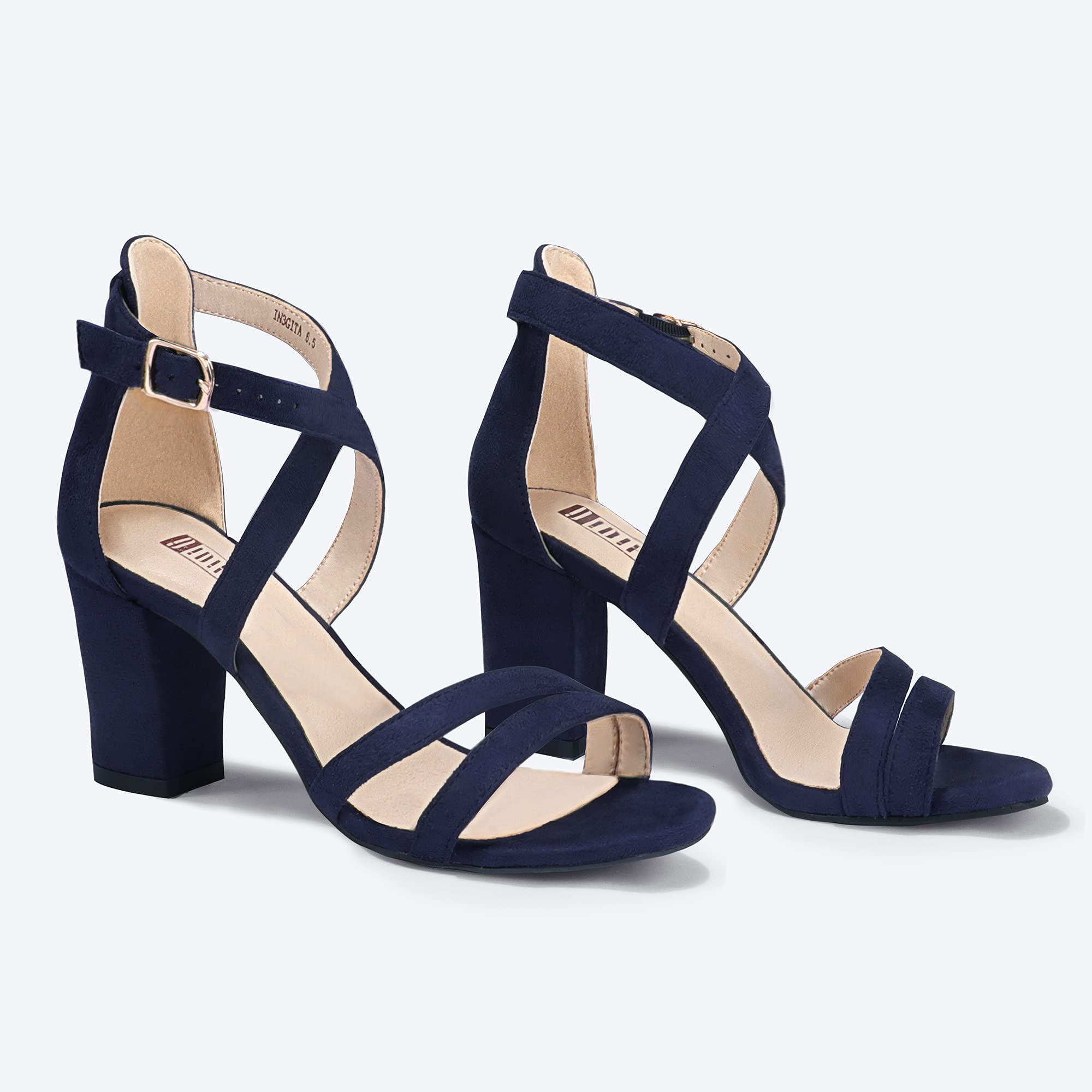 IDIFU Women's IN3 Gita Block Heel Open Toe Strappy Sandals Dress Shoes for Wedding Evening Prom (Blue Suede, 9.5 M US)
