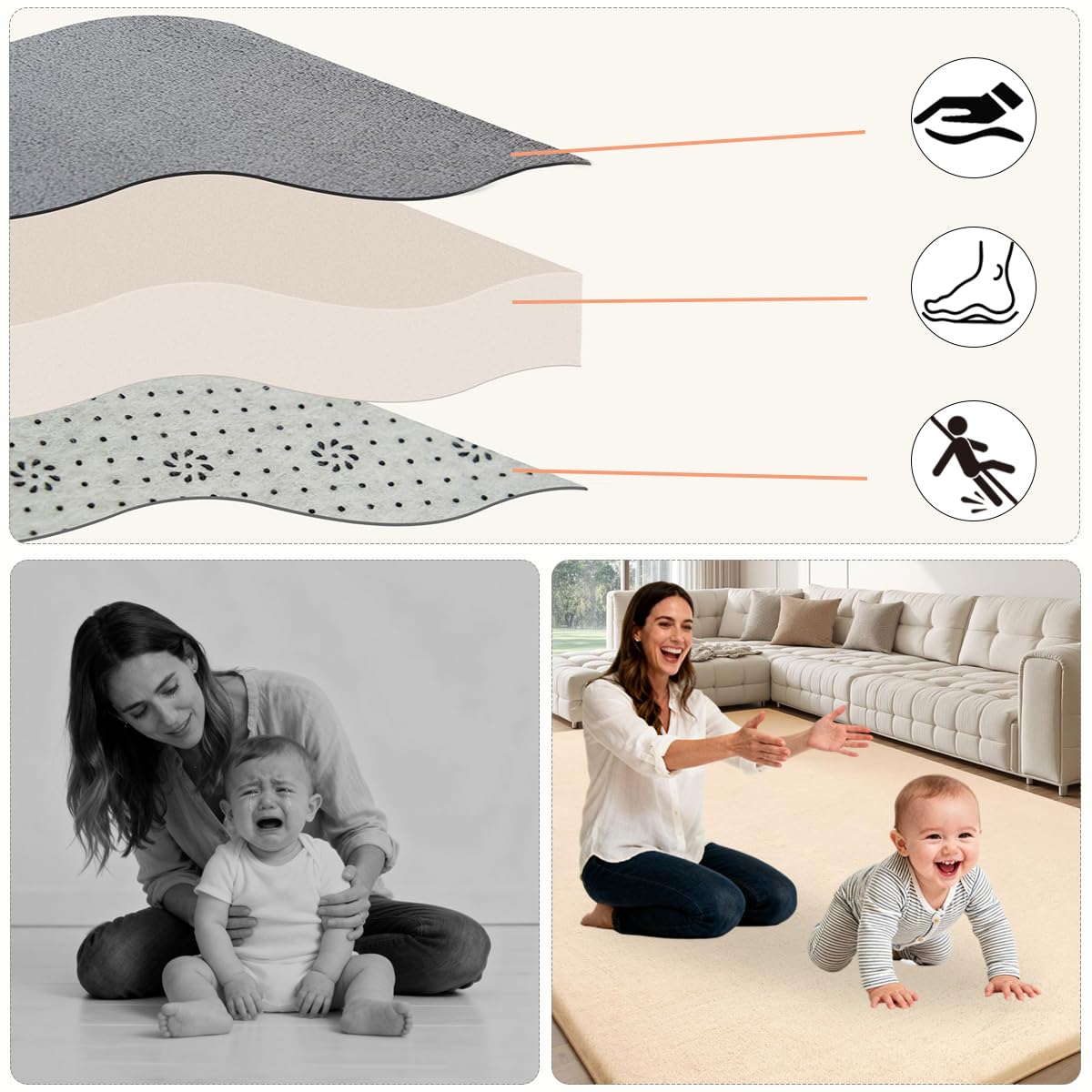 Krabbelmatte Baby, 2 cm Dicke Baby Spielmatte, kuschelig weich, schützt vor Stößen, Teppich Kinderzimmer mit hochwertigem Memory-Schaum, Krabbeldecke warm 190 x 240 cm Beige