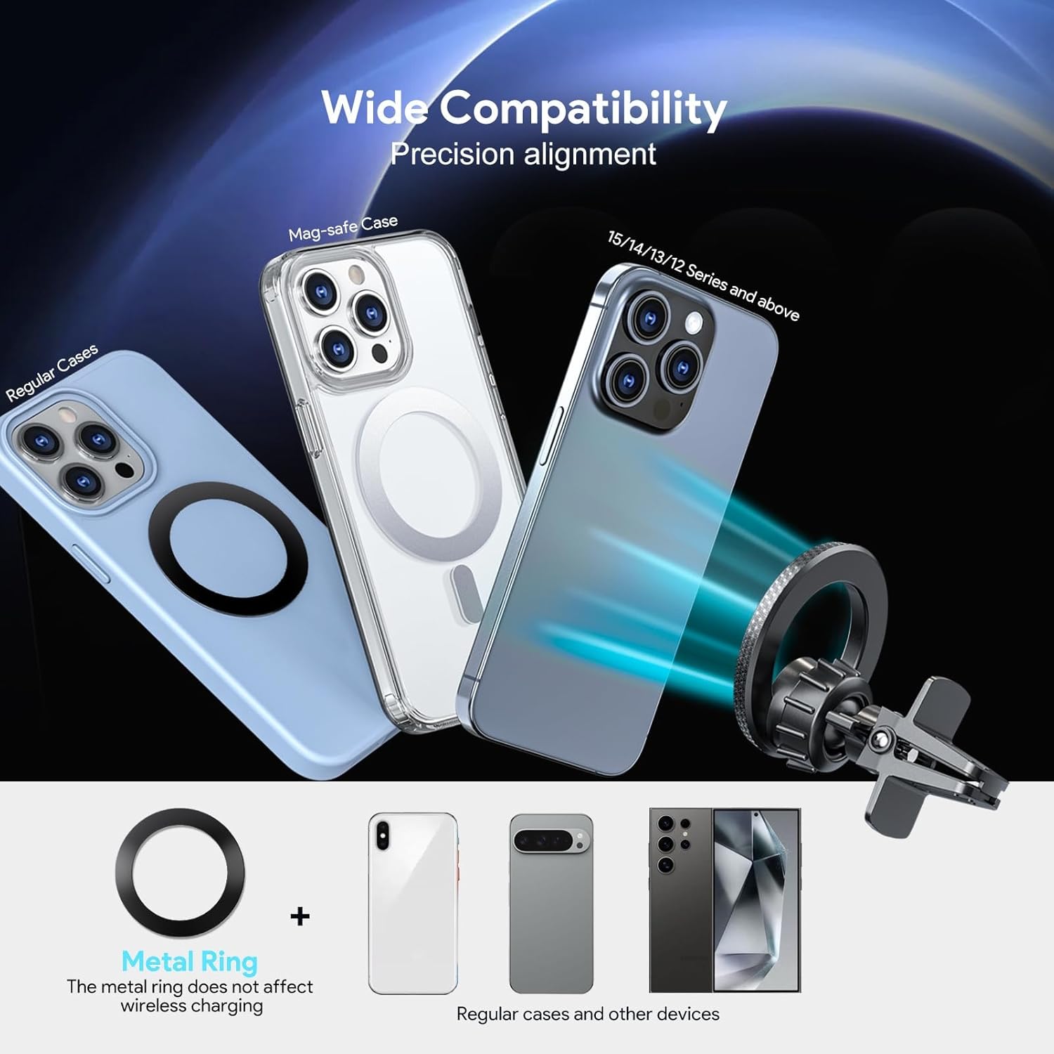Magnetic Car Phone Mount Air Vent Holder with Metal Ring | Strong Magnetic Hold,Works With Magnetic Phone Cases,Adjustable Angle,Secure Air Vent Clip,Stable View,No Windshield Block