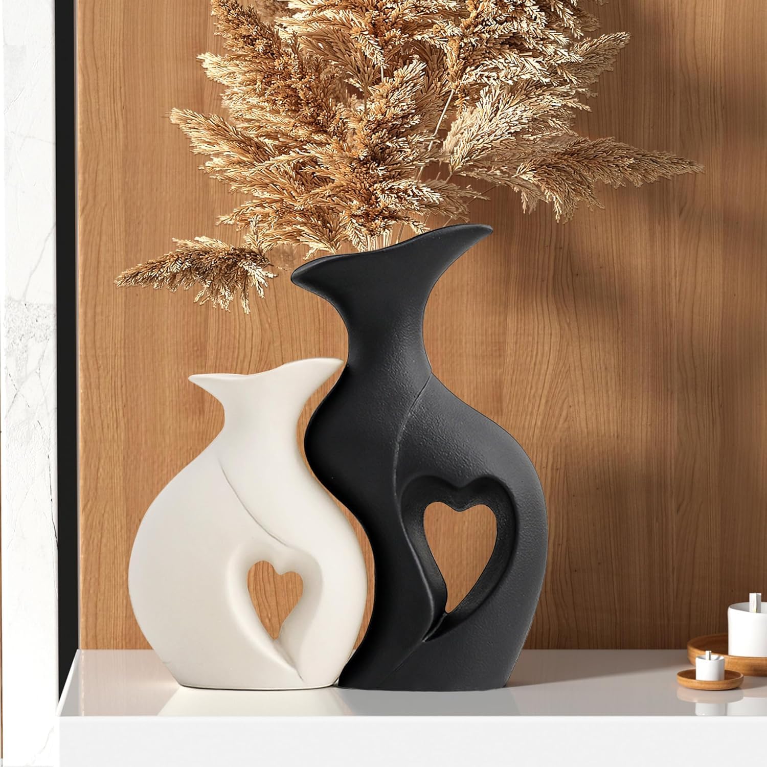 THE SACRED GIFTS Black and White Vase Heart Shape Ceramic Vase | Modern Boho Hollow Flower Vases | Nordic Aesthetic Decor | Decorative Vases for Room | Home Book Shelf | Table Decor (Set of 2)