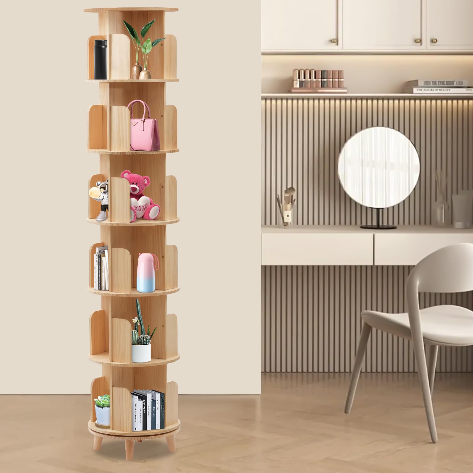 Drehbares Bücherregal aus Massivholz 6 Ebenen, 360°Drehbar Aufbewahrungs Regal Multifunktionales Standregal Vitrinenschrank für Schlafzimmer Wohnzimmer
