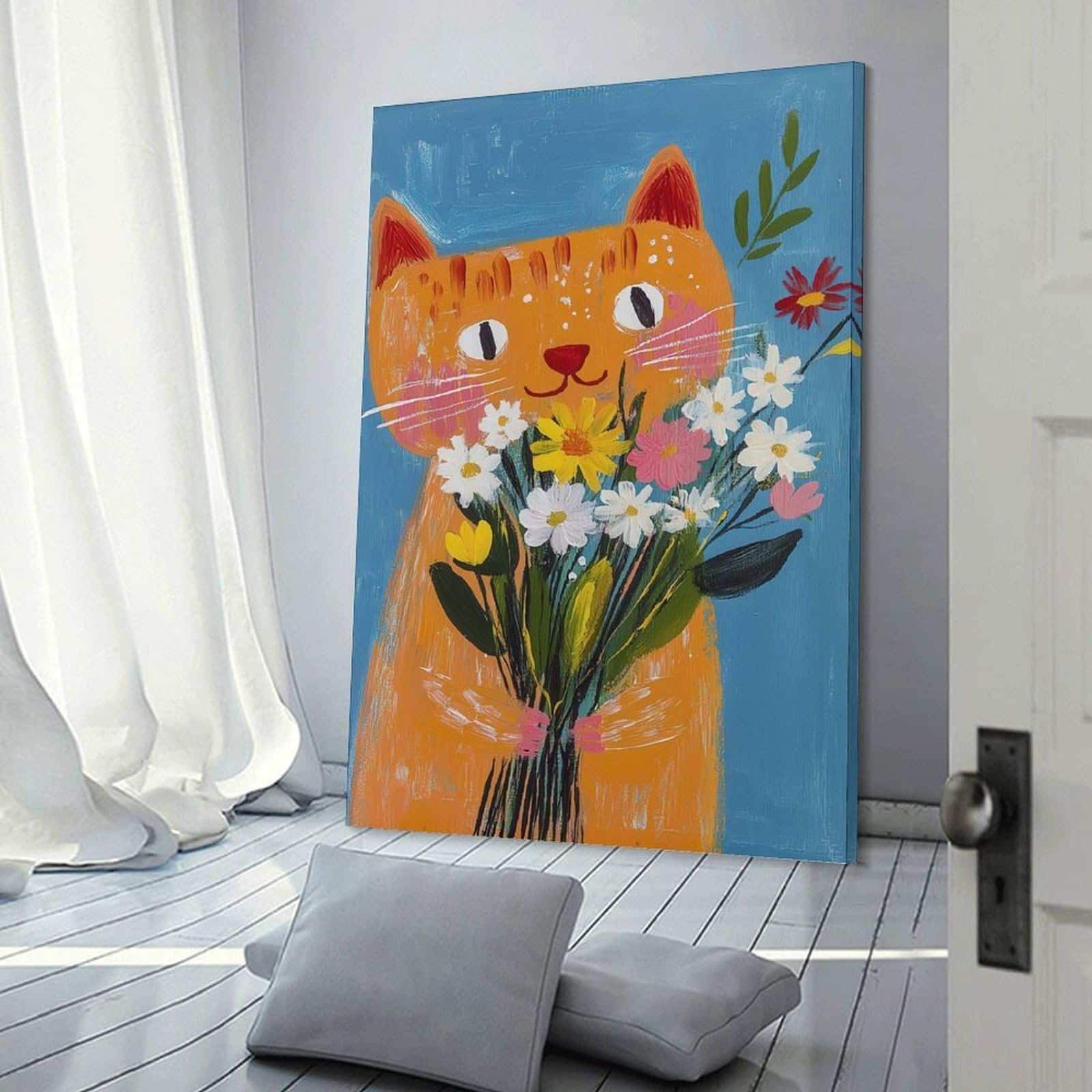 Junmoney Wall Art Print Orange Cat with Flowers Painting, 08x12inch(20x30cm), for Contemporary Homes, Apartments Or Offices, An Easy Choice for New Home Styling