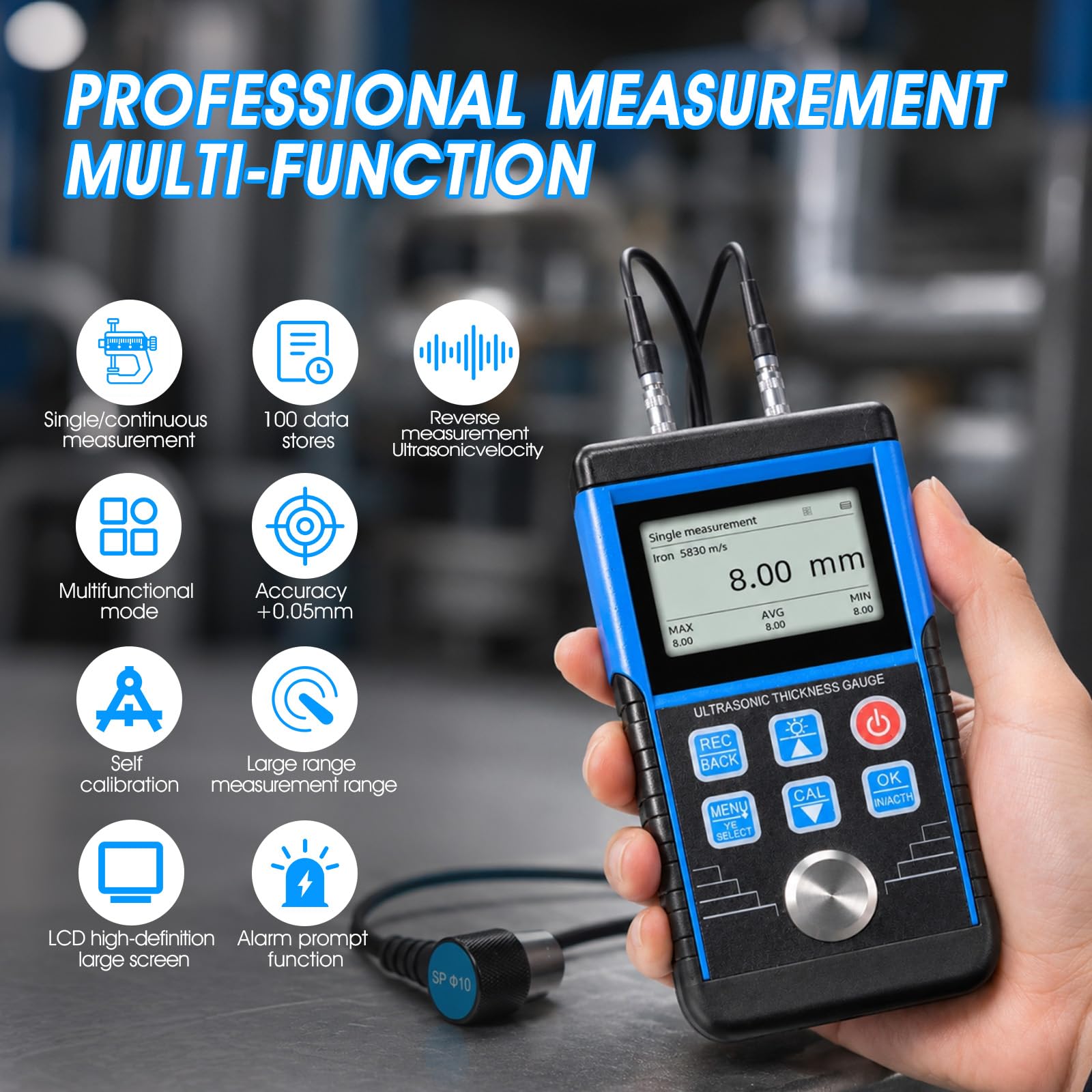 Medidor de espesor ultrasónico de 0,8 a 500 mm, de alta precisión, medidor de espesor de metal de 0,01 mm, dispositivo ZfP, medidor industrial de mano, con autocalibración, memoria de datos, sonda