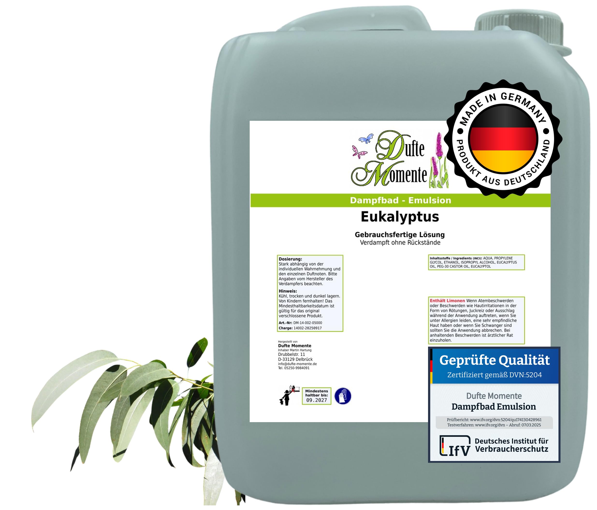 Dufte Momente | Dampfbad Emulsion 5 Liter Eukalyptus | geprüfte Qualität | mit naturreinen und natürlichen ätherischen Ölen | gebrauchsfertig | vegan und ohne Tierversuche